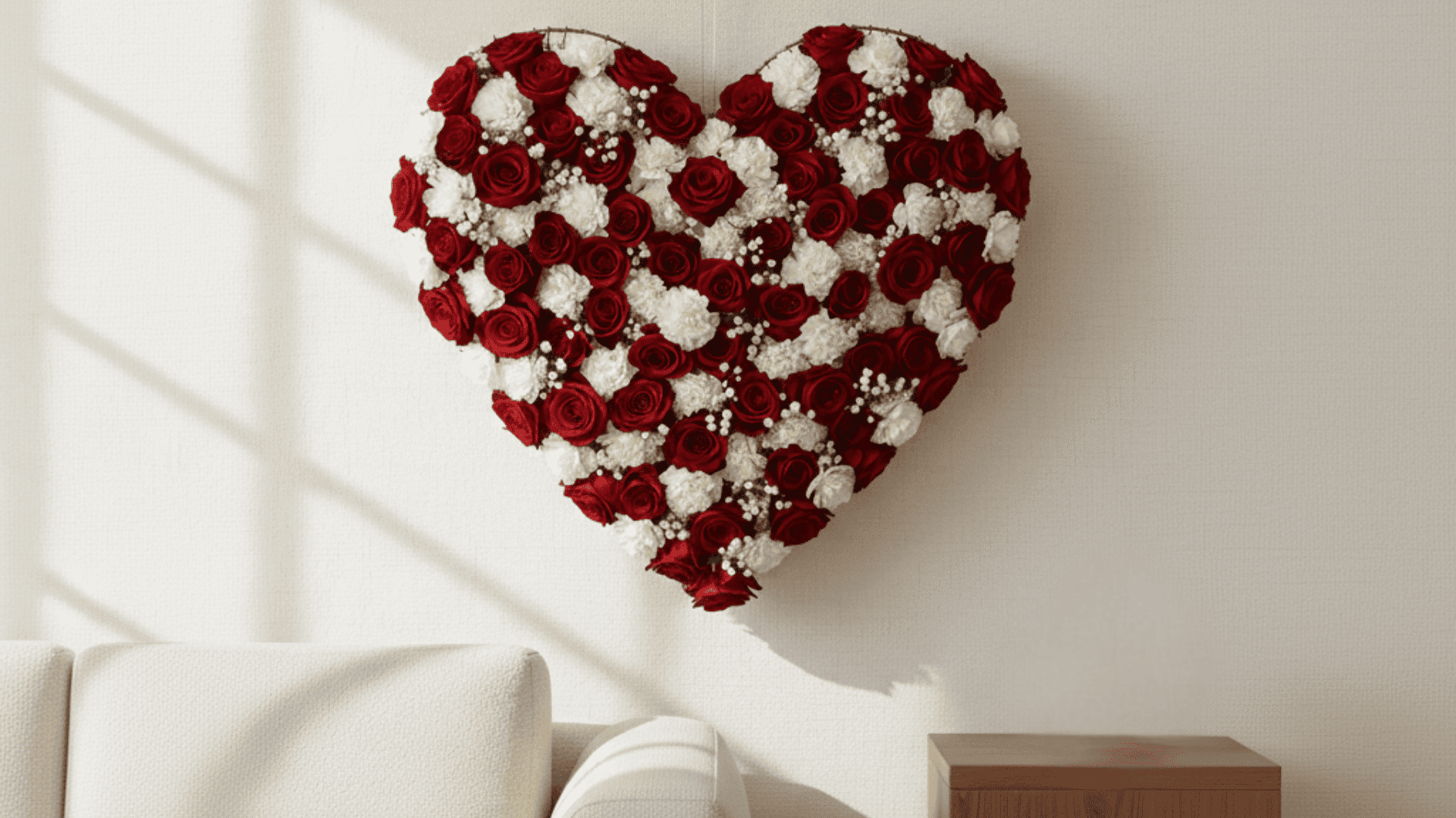 Large heart-shaped floral arrangement of red roses and white carnations hanging on a light wall above a white textured sofa and wooden side table with a ceramic vase.