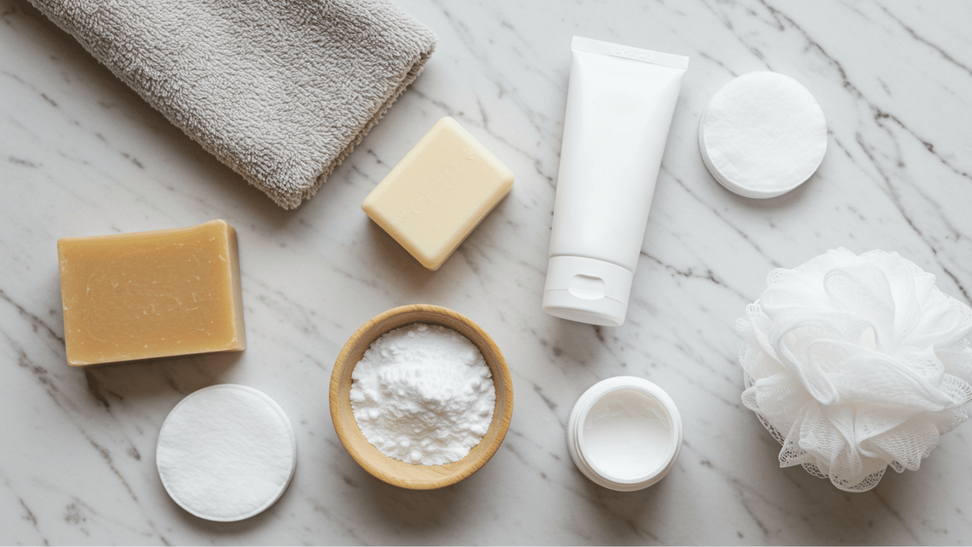 Personal care items like soap toothpaste and a towel placed on a bathroom shelf to help remove hair dye stains