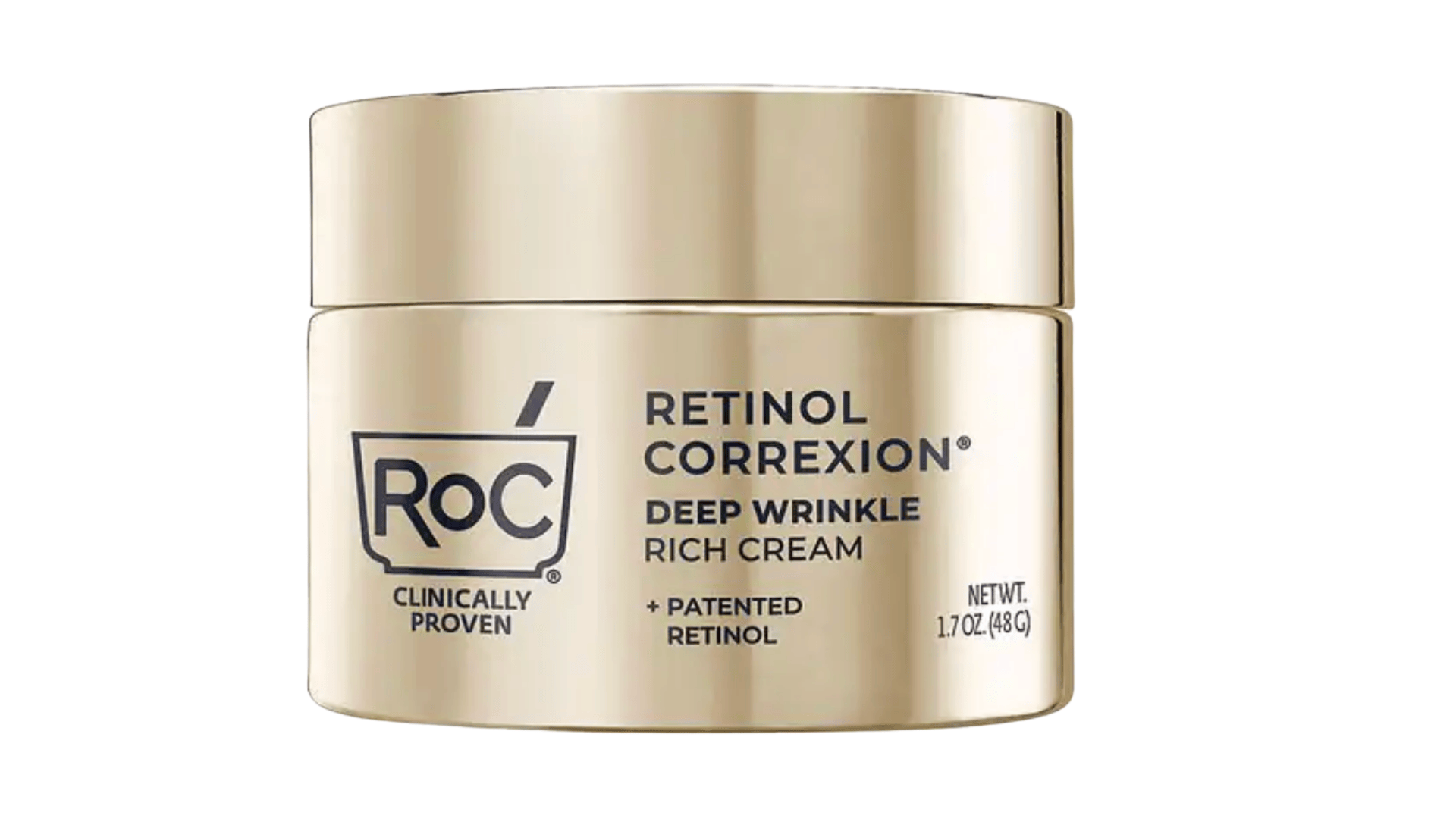 RoC Retinol Correxion Deep Wrinkle Rich Cream jar, clinically proven with patented retinol, 1.7 oz size