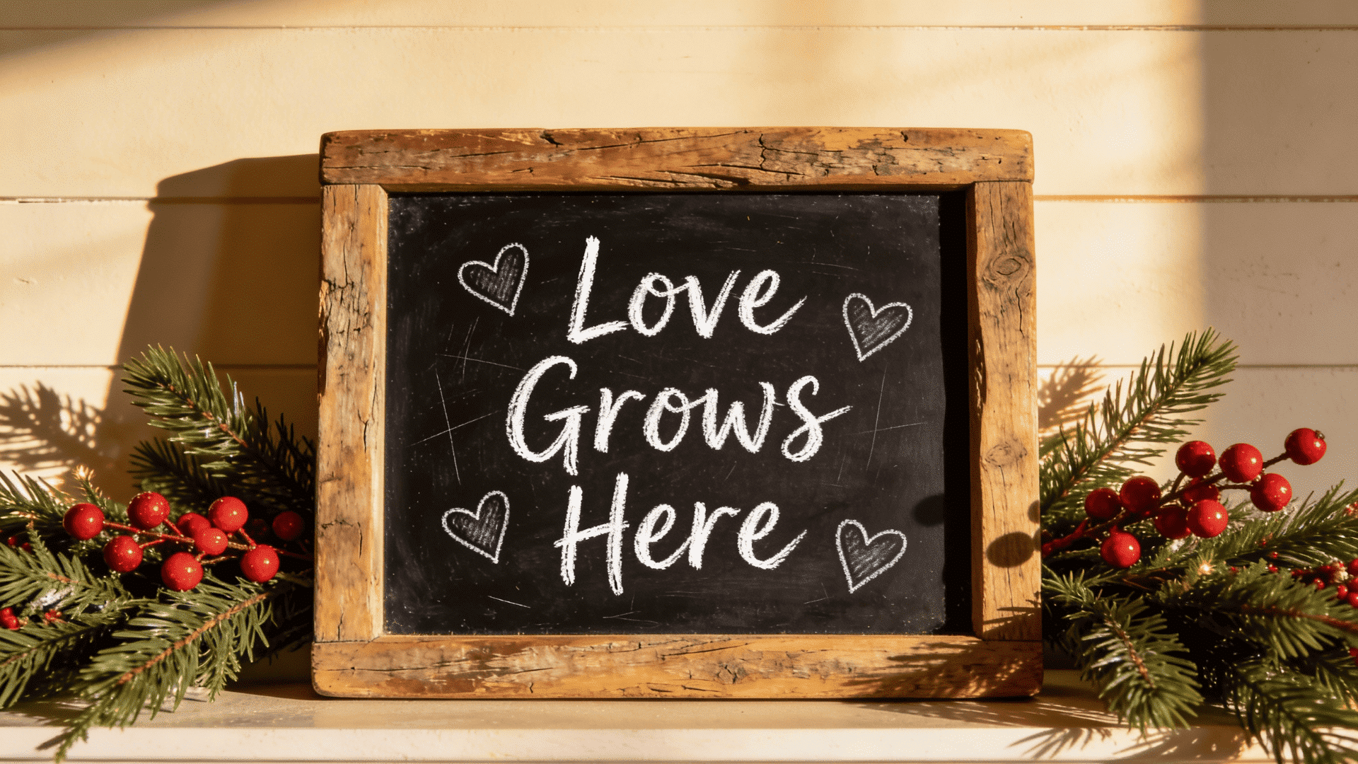 Rustic wooden-framed chalkboard with white chalk text reading Love Grows Here surrounded by evergreen sprigs and red winter berries.
