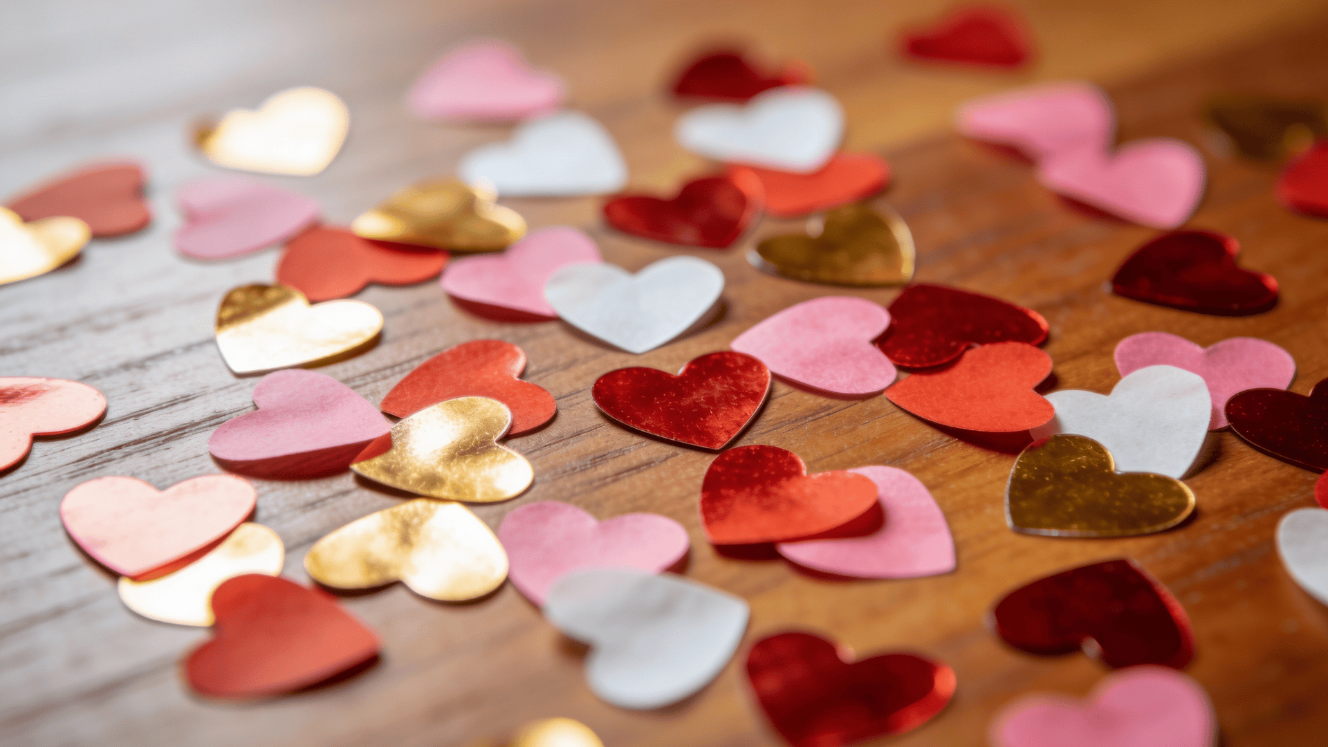 Scattered red, pink, white, and gold heart-shaped confetti lies on a warm wooden surface with shallow depth of field.