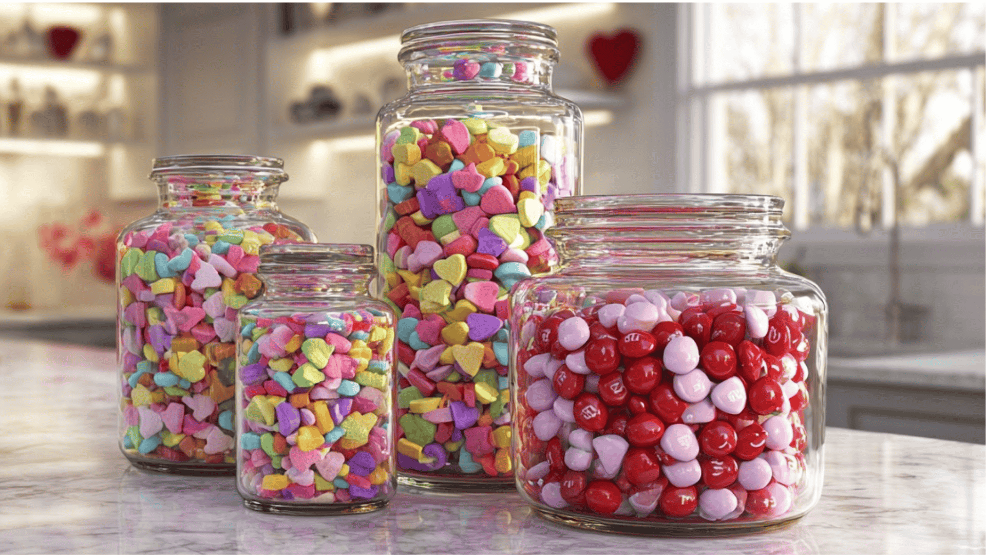 Three jars filled with colorful candies sit on a counter, surrounded by scattered candies