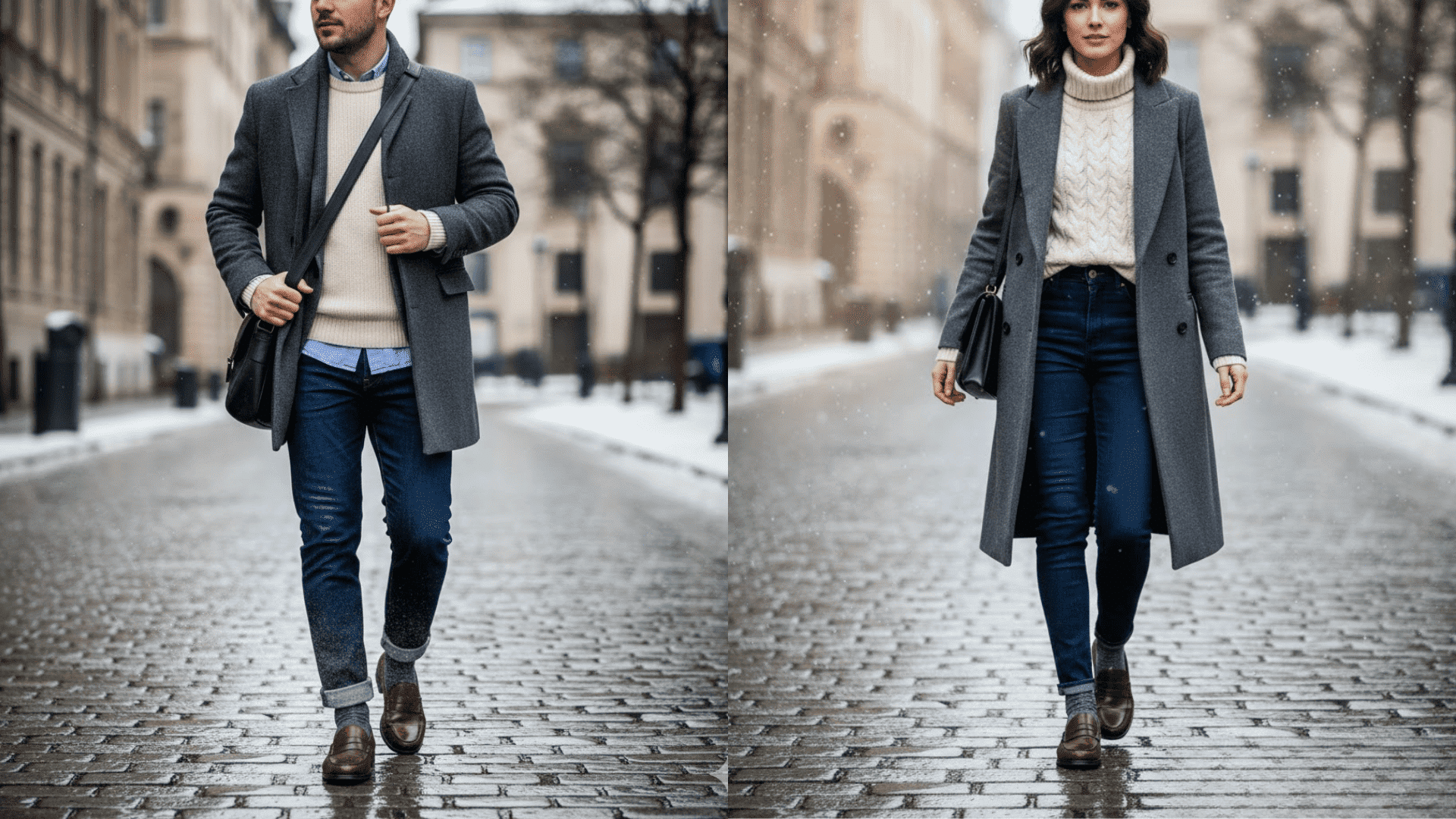 Two people walk together on a winter street wearing jeans and loafers showing cold season clothing for everyday outdoor use