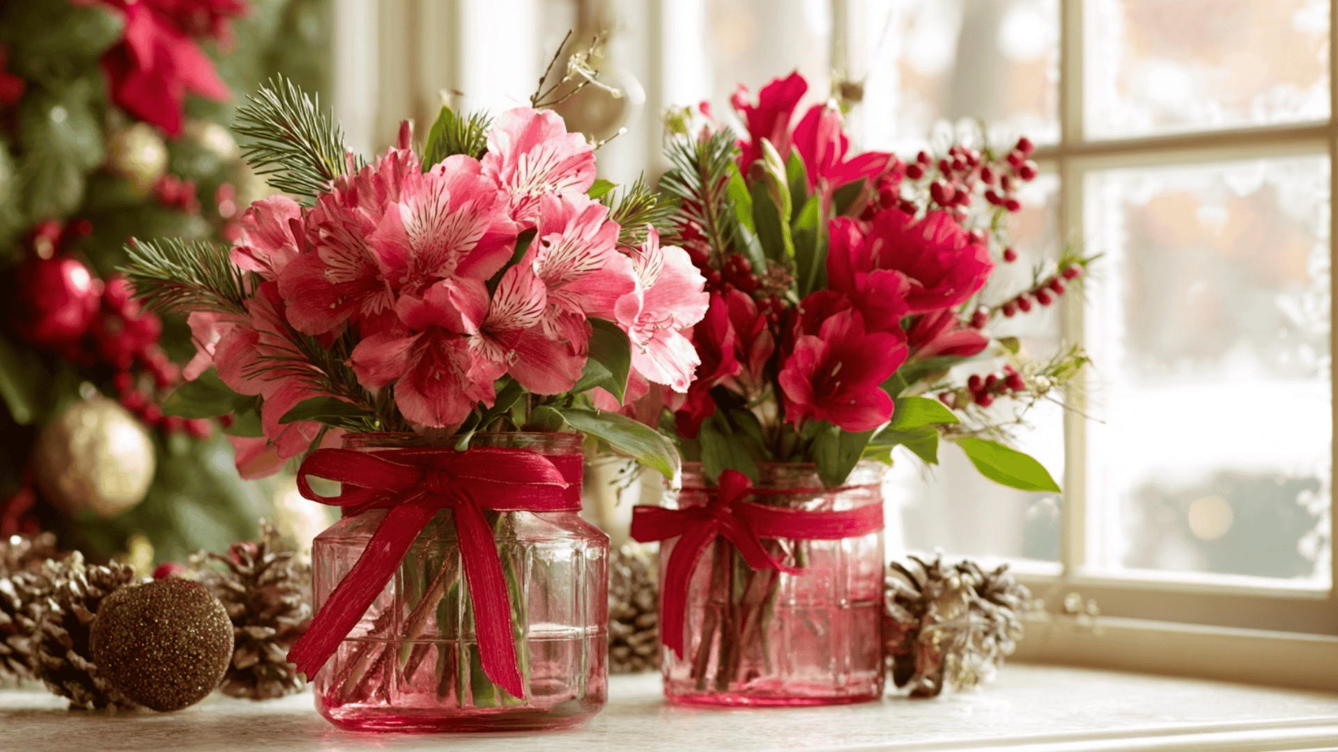 Two pink and red alstroemeria bouquets in ribbon-tied glass jars sit on a windowsill next to pinecones, with a blurred Christmas tree in the background.