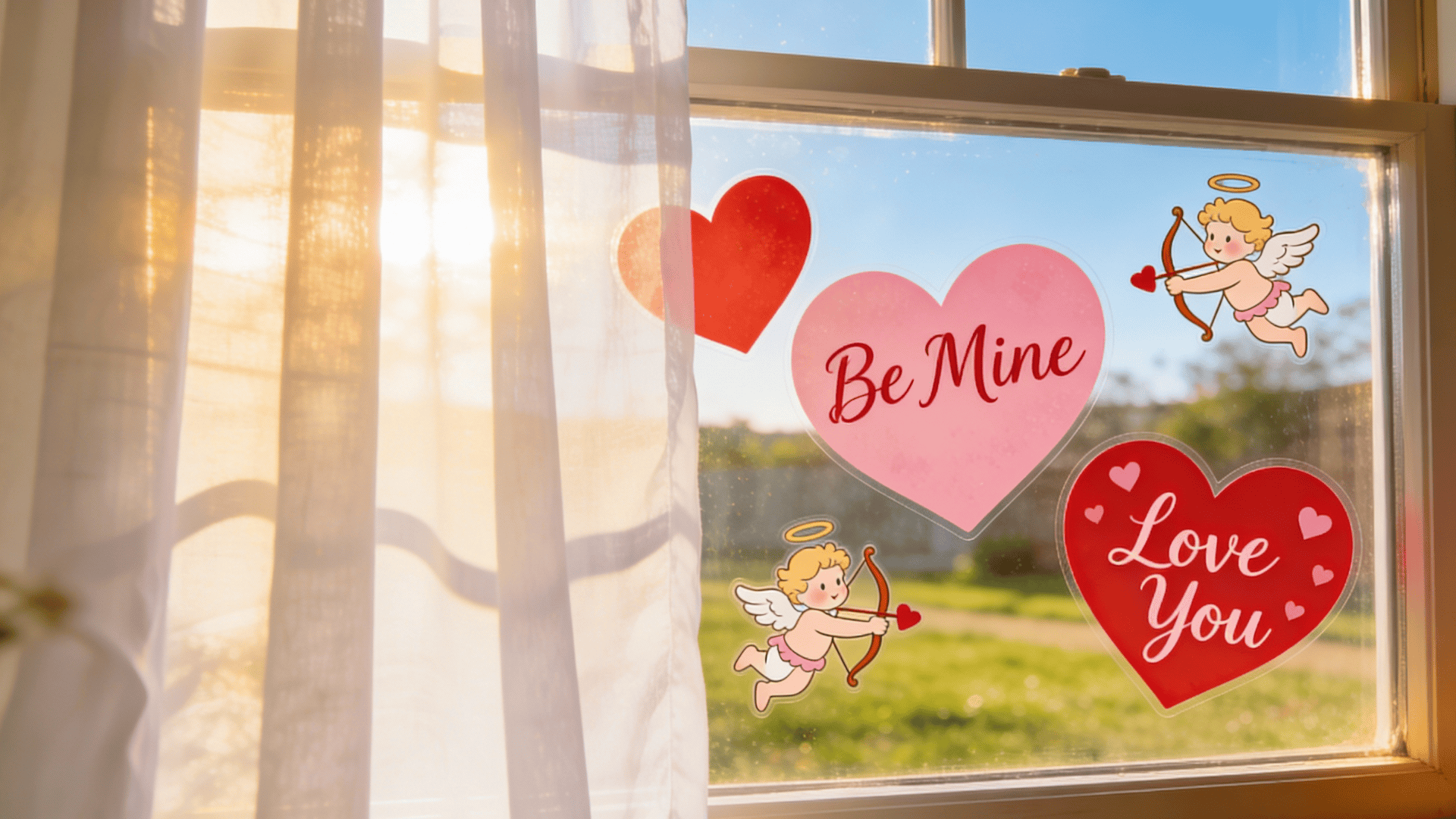 Valentine's Day heart clings with Cupid graphics decorate a sunlit window covered partially by sheer white curtains.