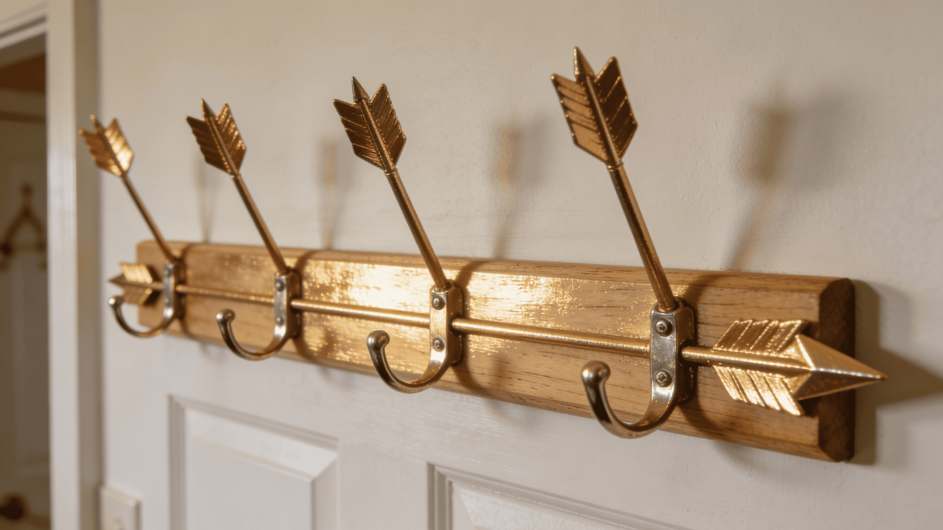 Wall-mounted wooden coat rack featuring brass arrow finials and four curved cupid metal hooks mounted against a light wall and white door.
