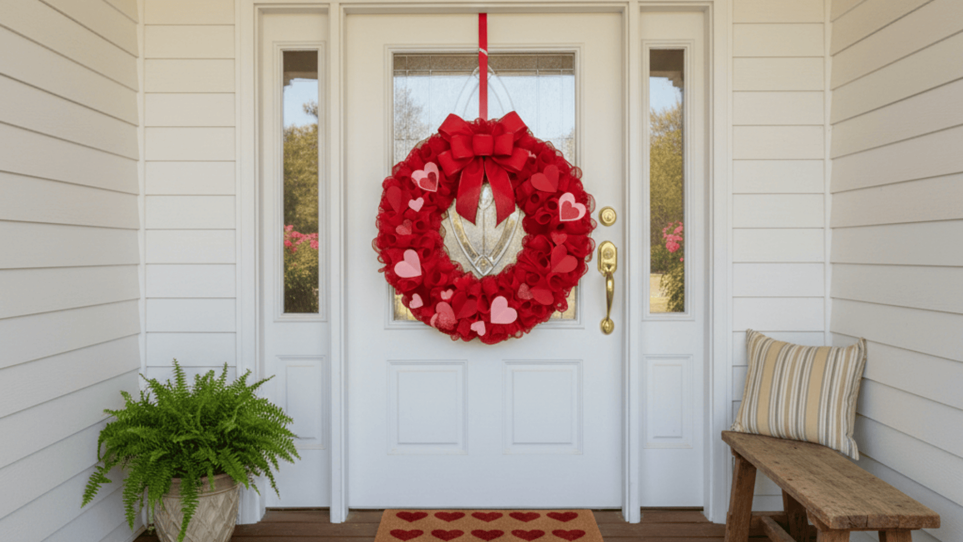 White front door decorated for Valentine's Day with a large red heart wreath, a heart-patterned doormat, a potted fern, and a rustic wooden bench.