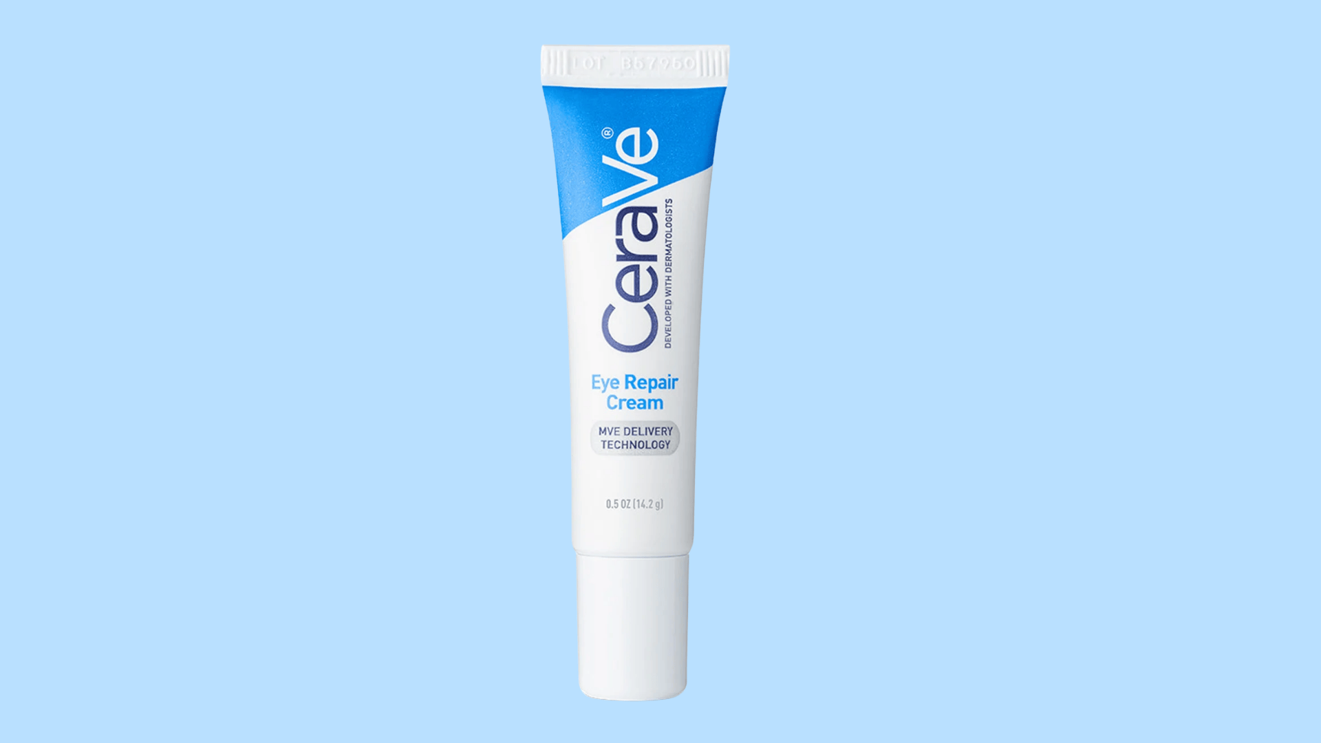 White tube of CeraVe Eye Repair Cream with blue and white branding centered on a white background.