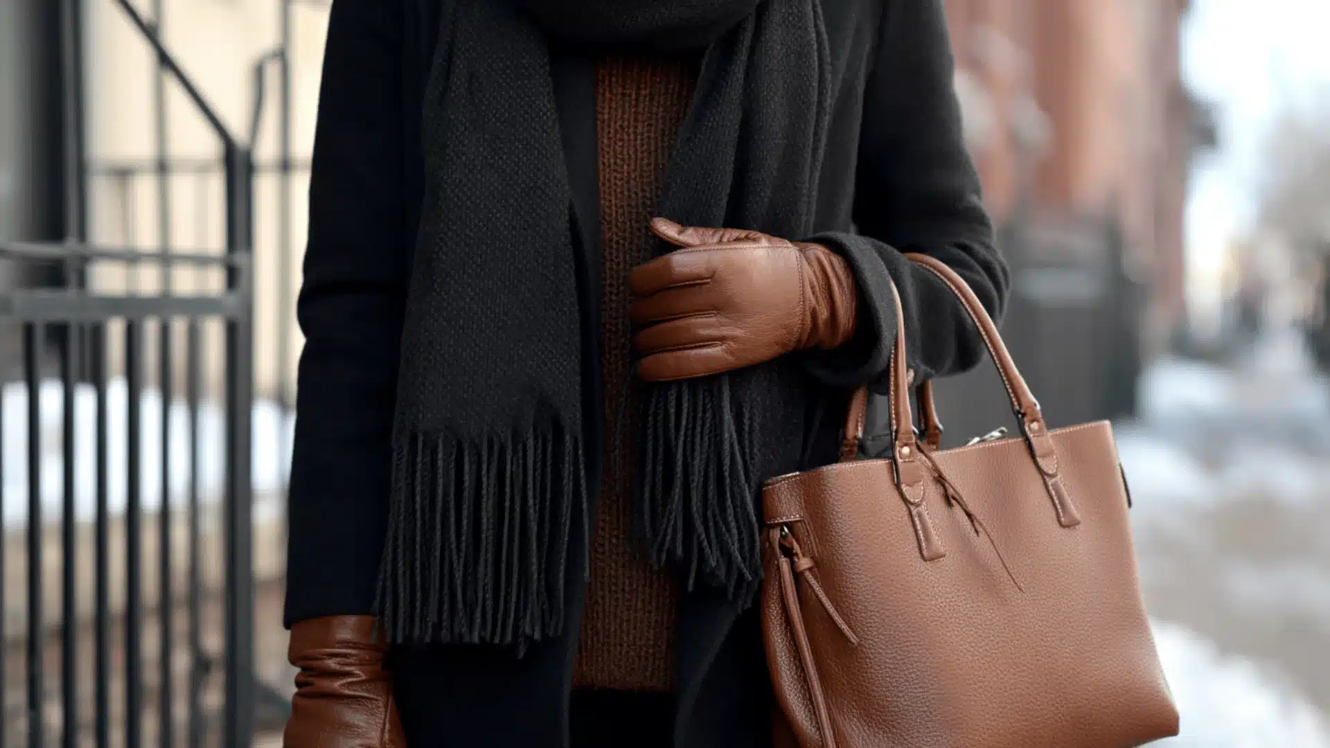 Woman wearing a black coat, black fringed scarf, brown leather gloves, and carrying a matching brown leather tote bag outdoors