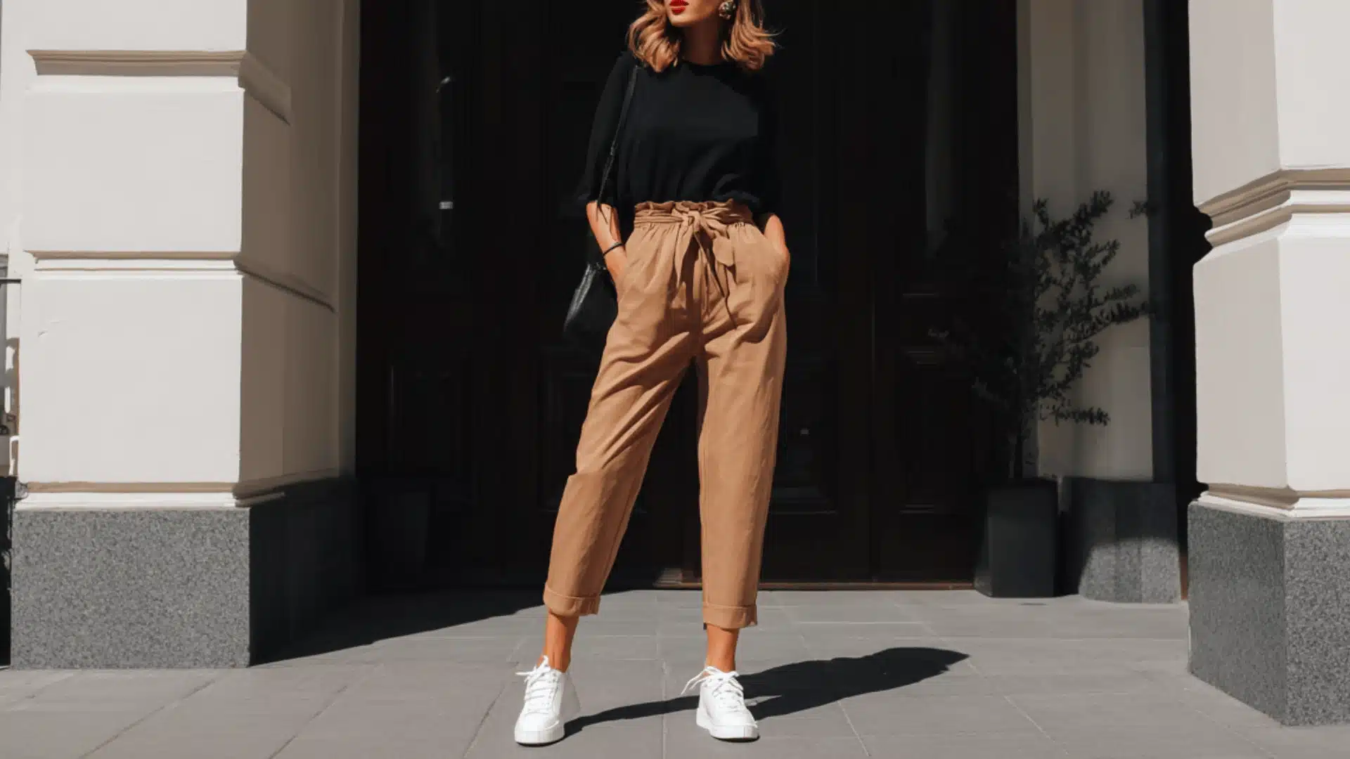 Woman wearing a black top high-waisted tan paperbag trousers and white sneakers standing outdoors in front of a dark doorway.