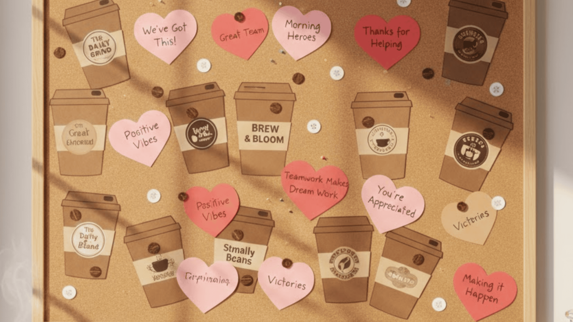 coffee kindness and team spirit bulletin board with paper coffee cups and positive notes