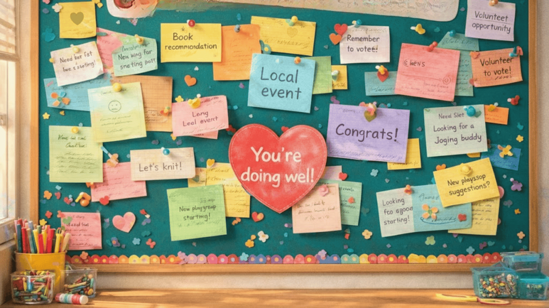 community notes bulletin board with handwritten messages and open sharing space