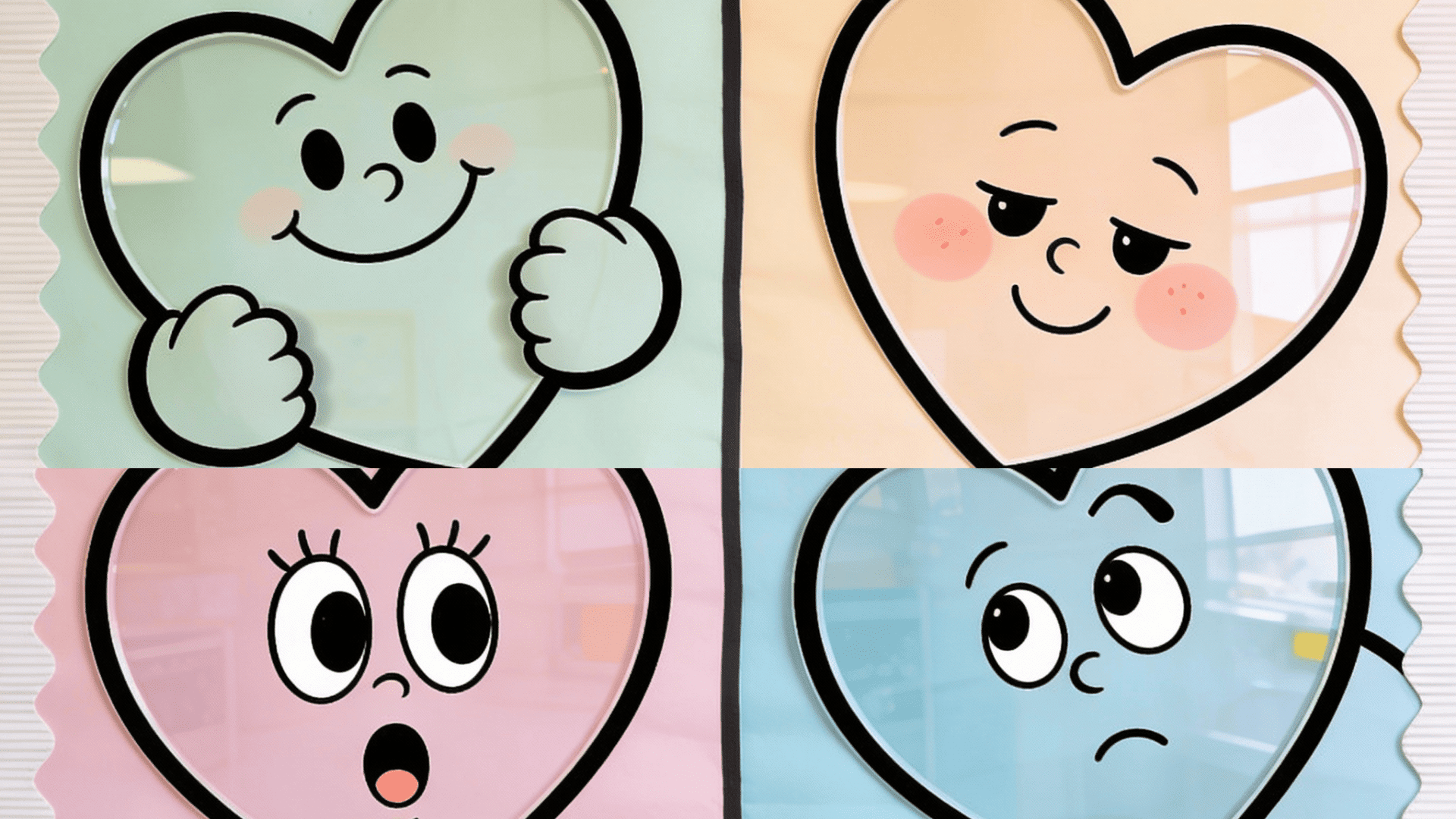 feelings hearts bulletin board showing happy calm surprised and excited faces