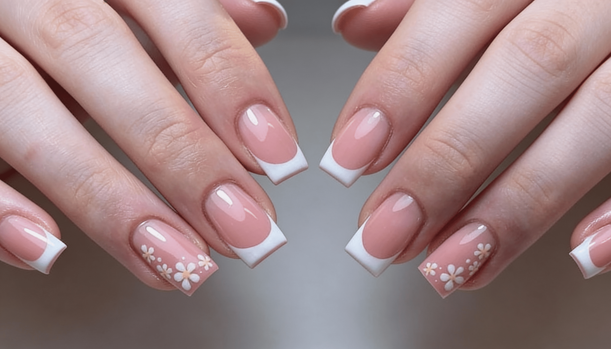floral accent nail with white tips
