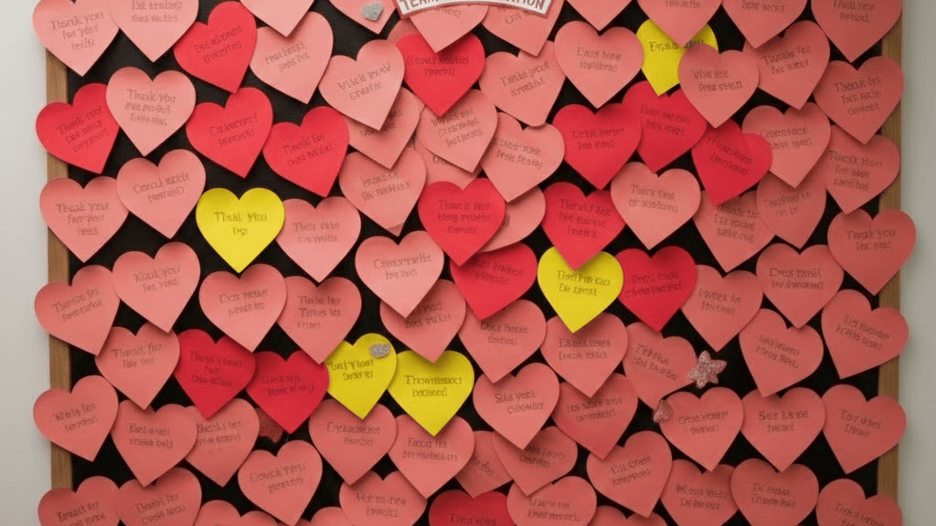 gratitude board with red and pink sticky notes filled with thank you messages