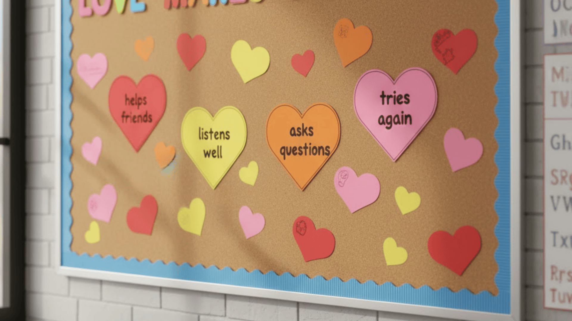love makes us smart bulletin board with heart notes showing positive classroom habits