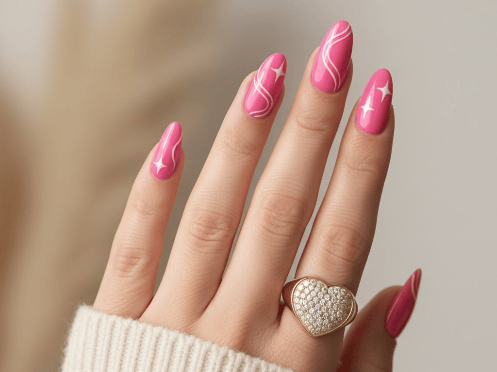 pink nails with white thin lines