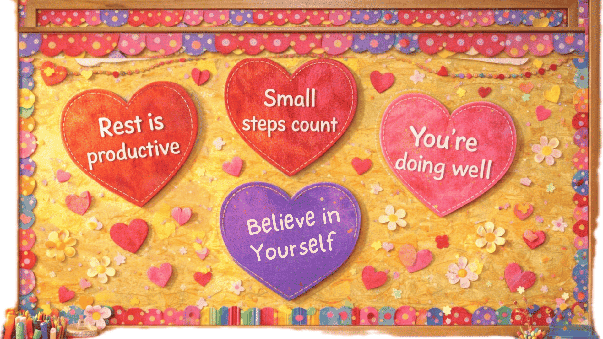 positive quotes corner bulletin board with short motivational quotes on hearts