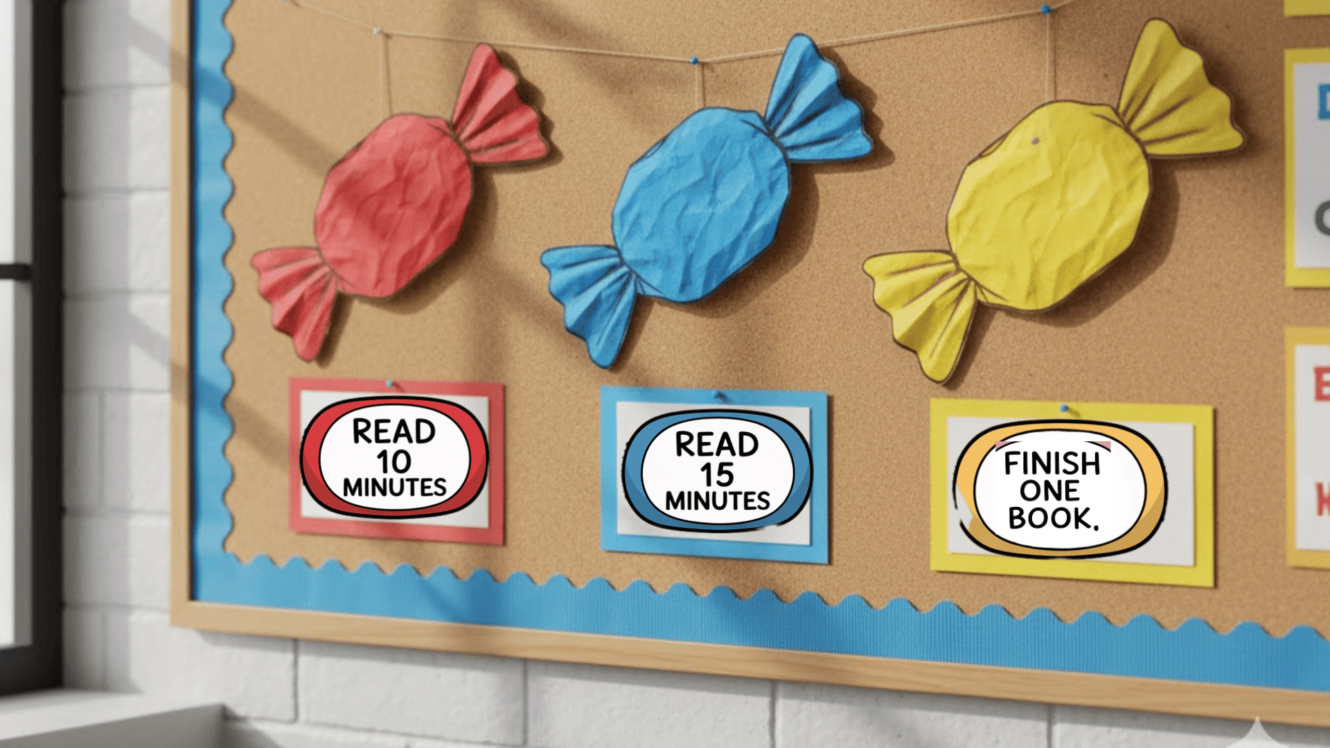 reading is sweet bulletin board with book covers styled like candy wrappers