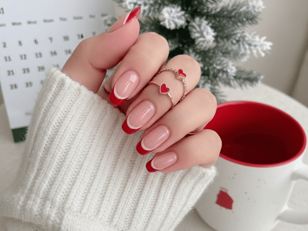 red and nude accent nails