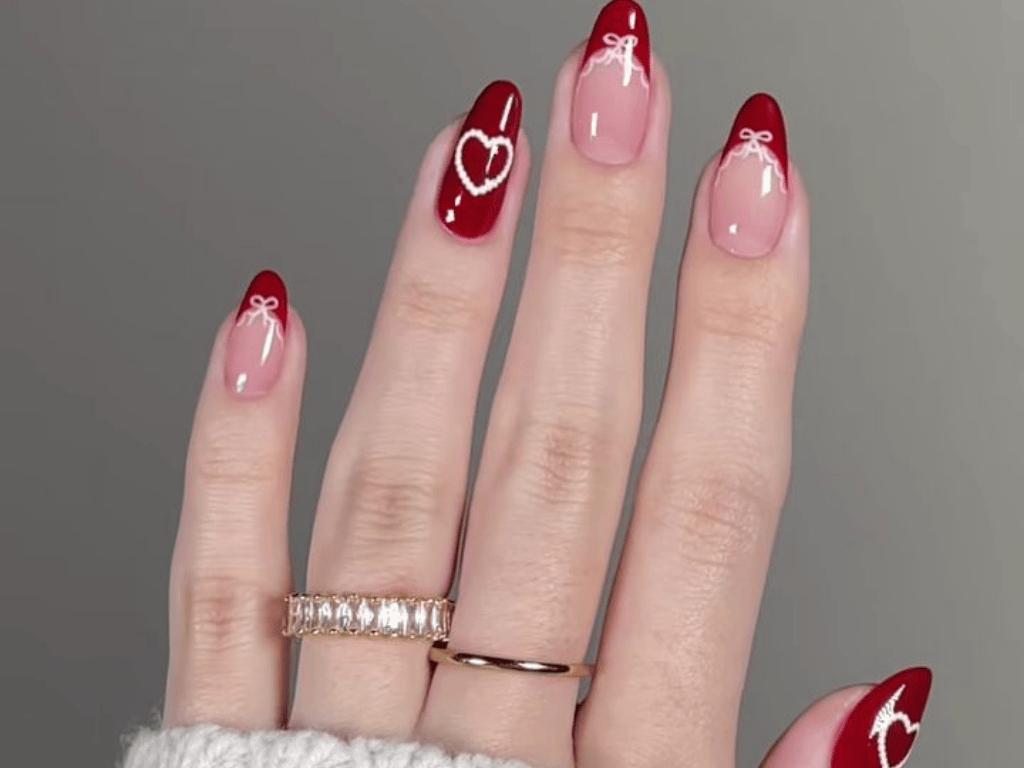 red pink accent valentines day nails