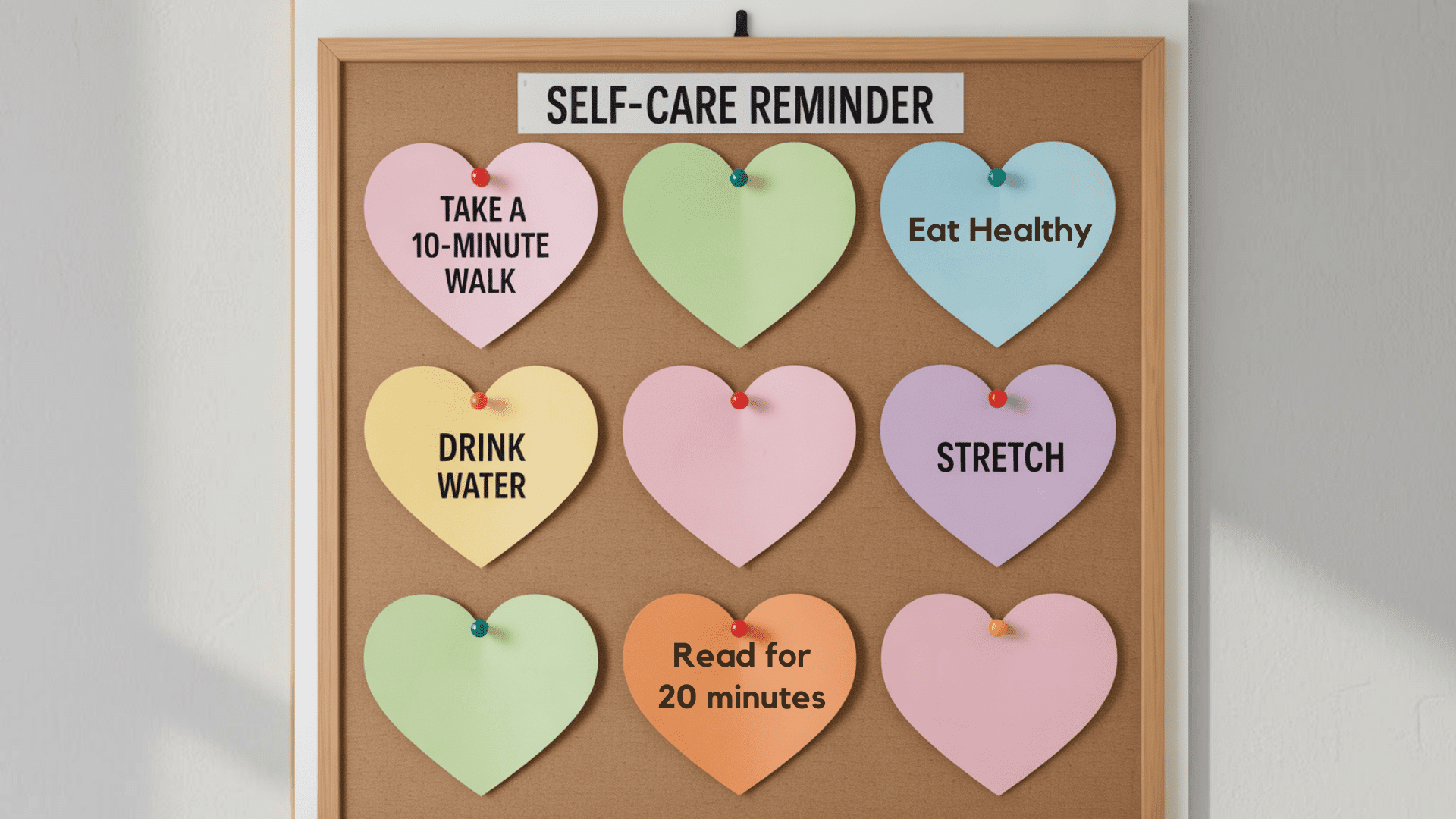 self care reminder bulletin board with hearts listing simple rest and care ideas