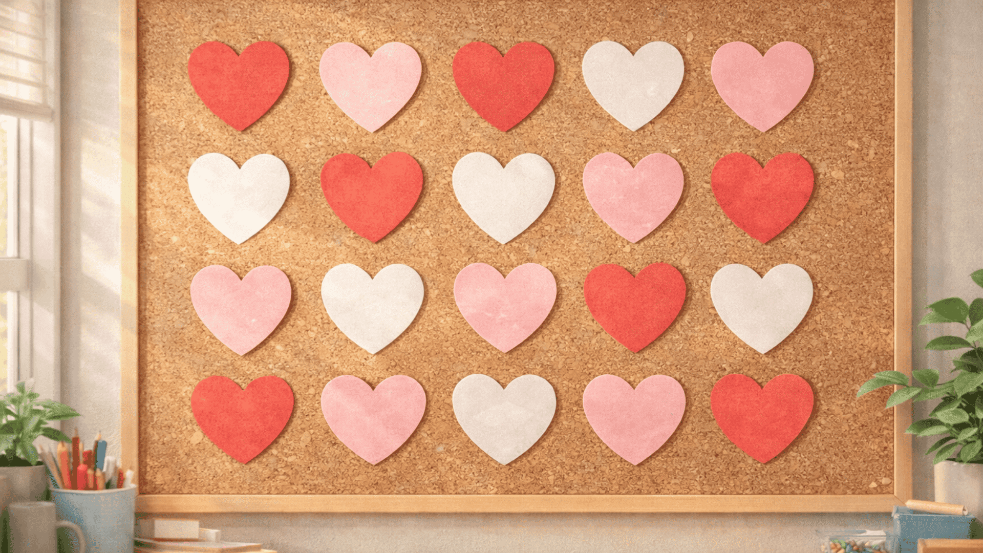 simple heart grid bulletin board with evenly arranged paper hearts for office space