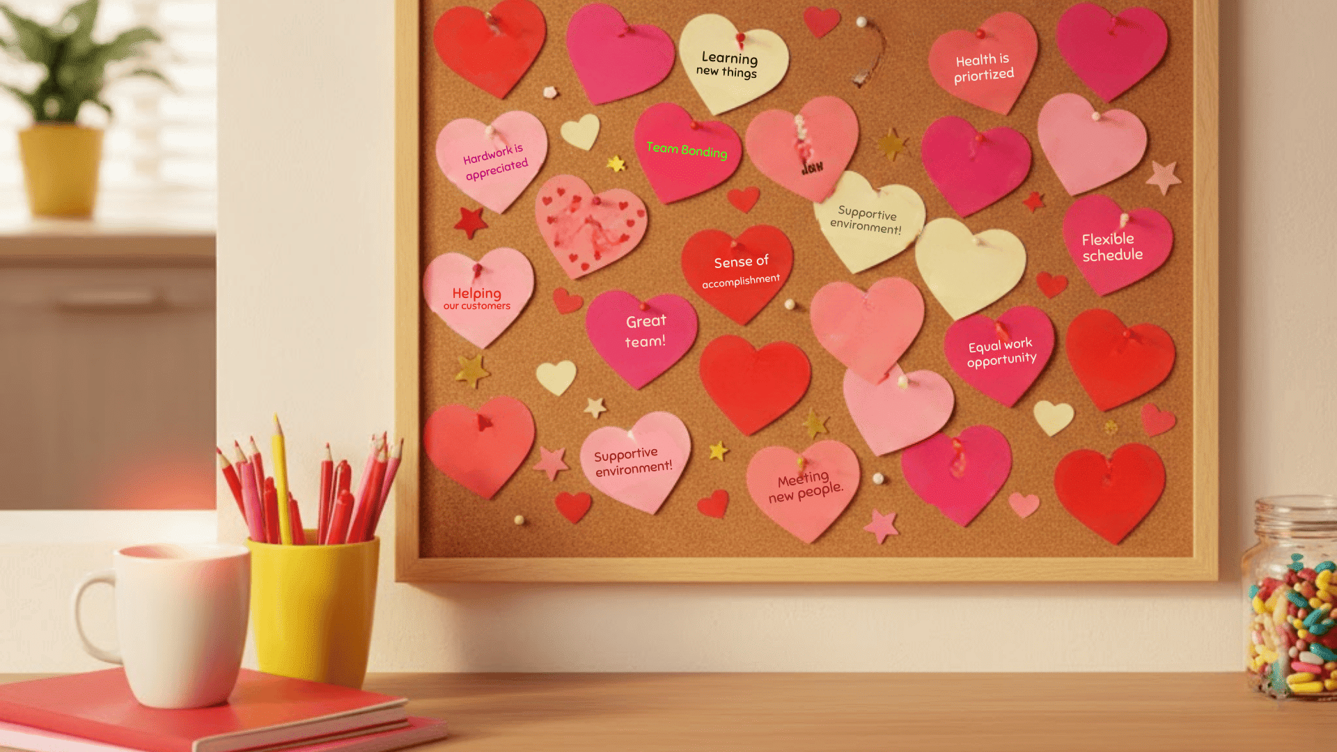 teamwork feels good bulletin board with heart shaped puzzle pieces and team roles