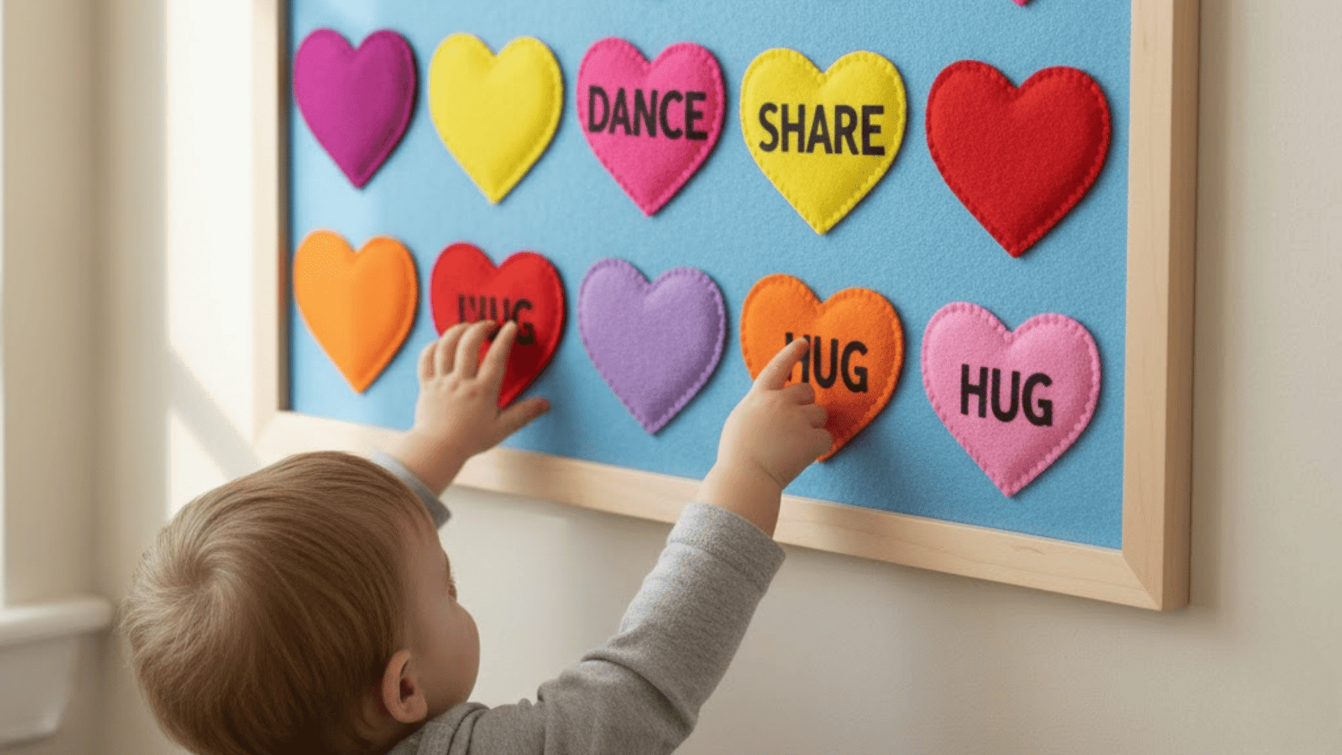 toddler bulletin board with felt hearts showing hug wave and smile actions