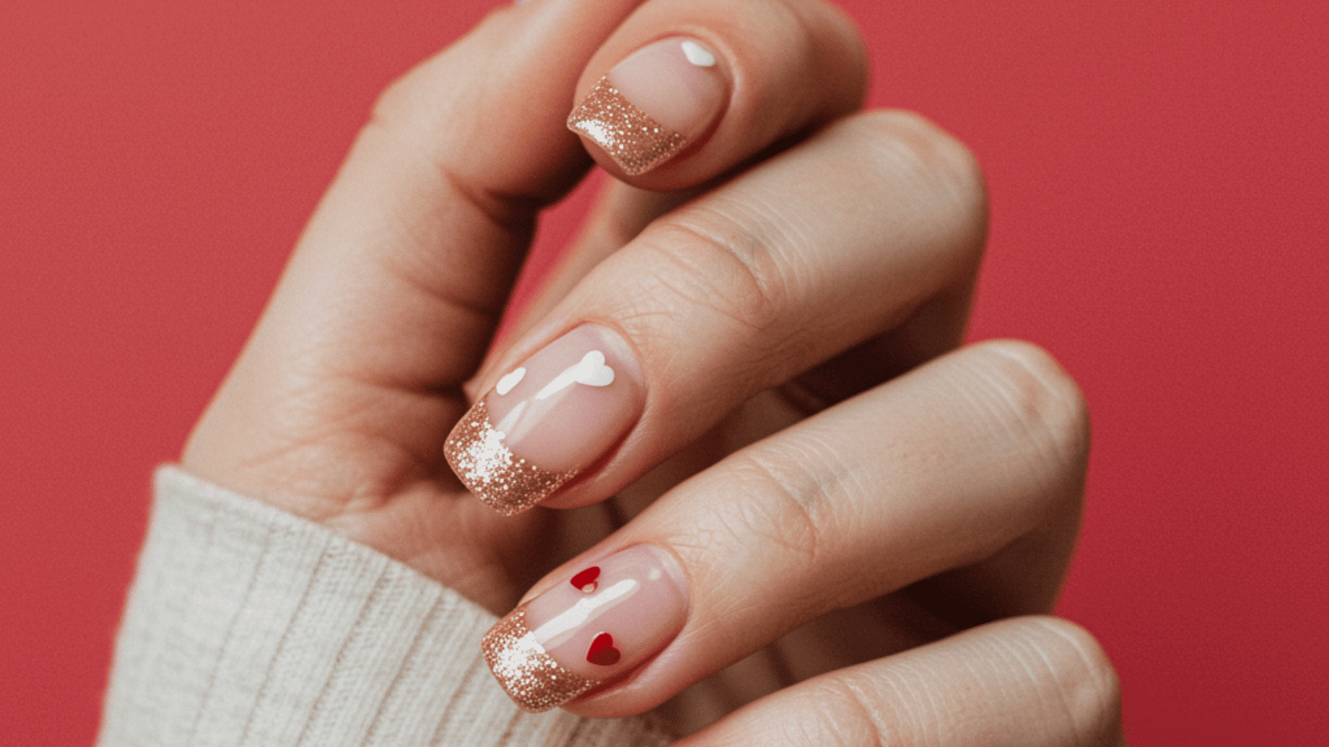 valentines french tip nails with mini heart design