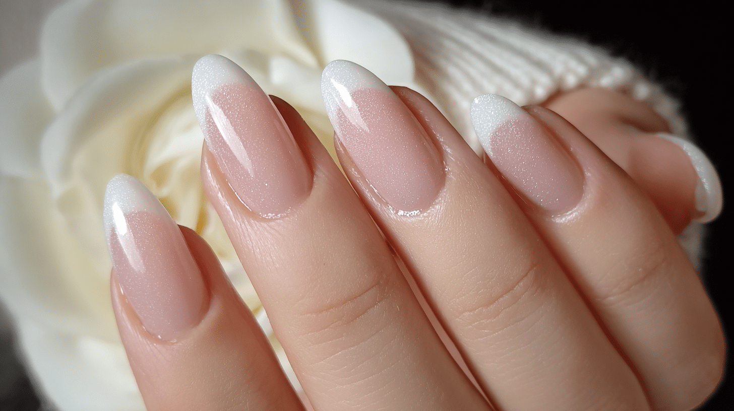 white tips with soft shimmer finish