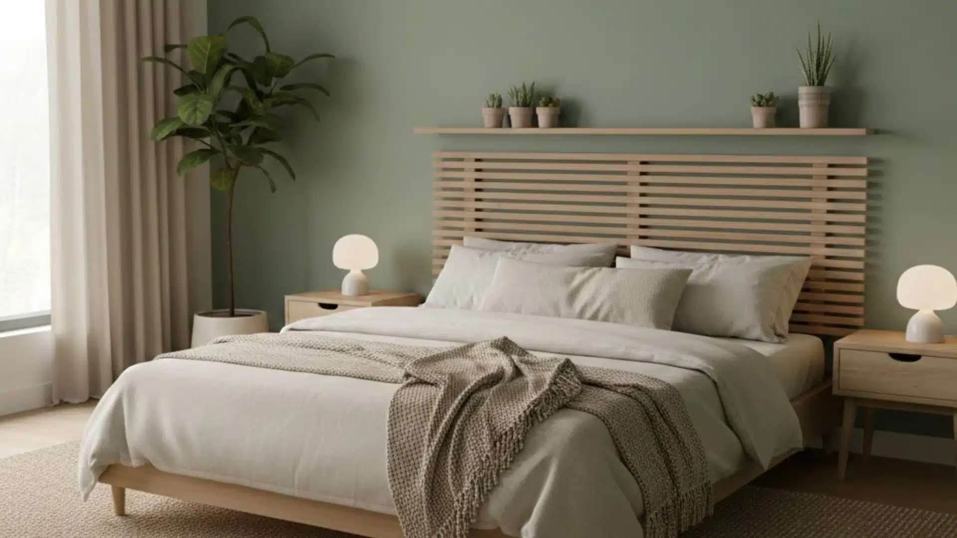 A bedroom featuring a light wood slat headboard, beige bedding, olive green walls, and several potted houseplants