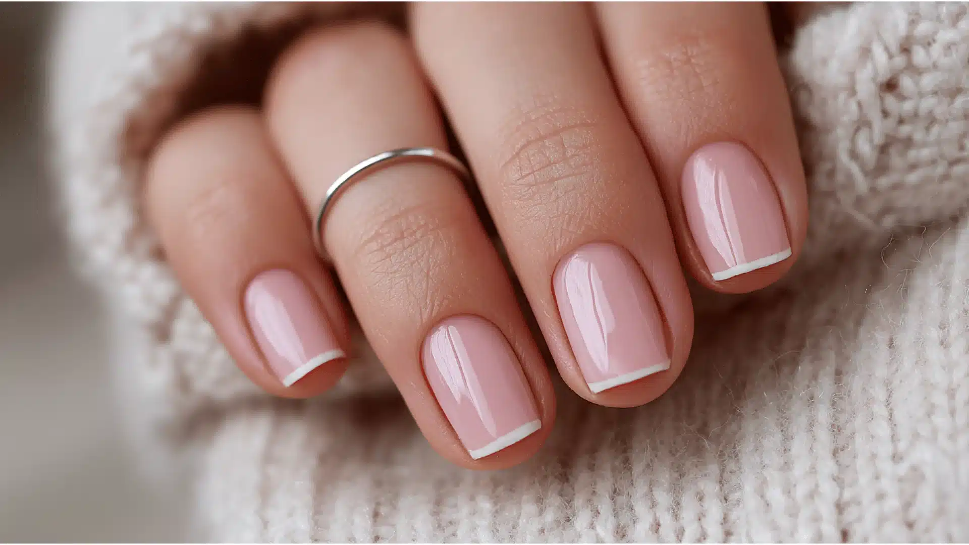A close-up of a woman's hand displaying pink manicured nails against a neutral background (2)