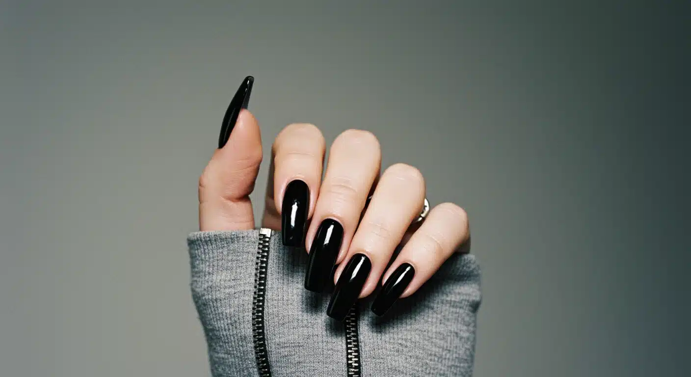 A close-up of a woman’s hand featuring black coffin-shaped nails with a smooth glossy black manicure that highlights a bold clean look