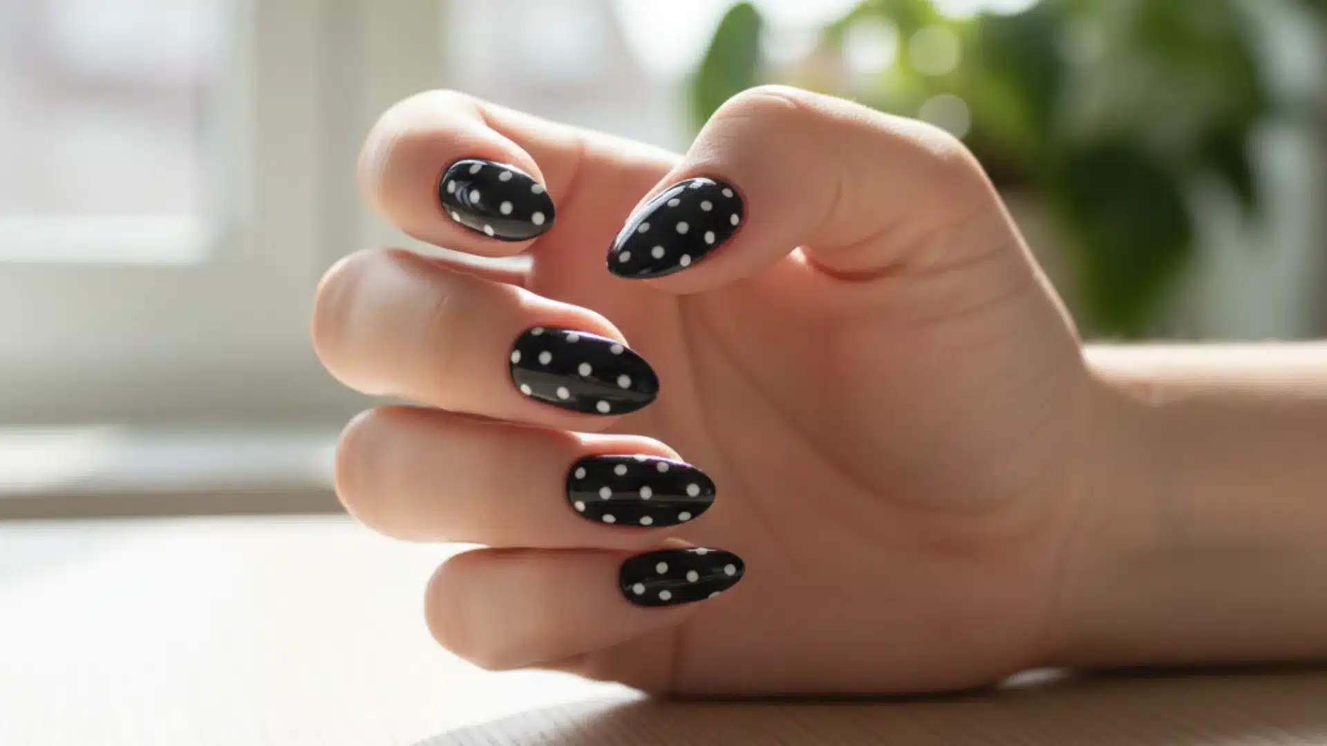 A close-up of a woman's hand showcasing black nails with white polka dot against a neutral background showing trendy manicure style