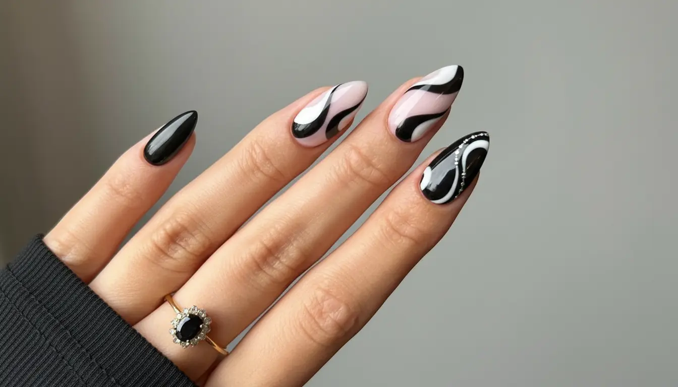 A close-up of a woman's hand with black and white swirl nail art, creating a bold and artistic design for a modern and cool look