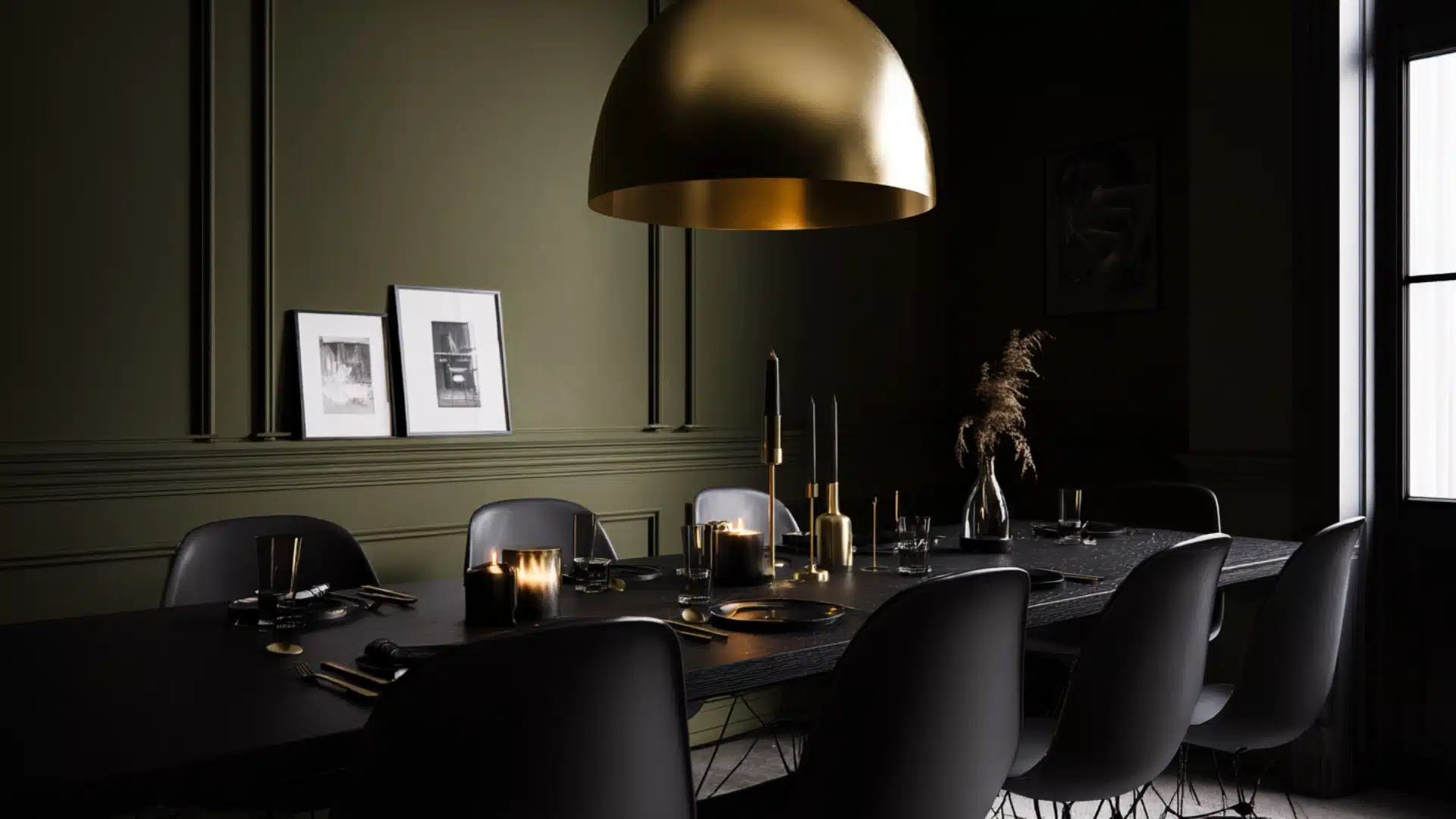 A dining room with a long black table, tableware, candles, and gold accents beneath a gold dome pendant light, against an olive green wall