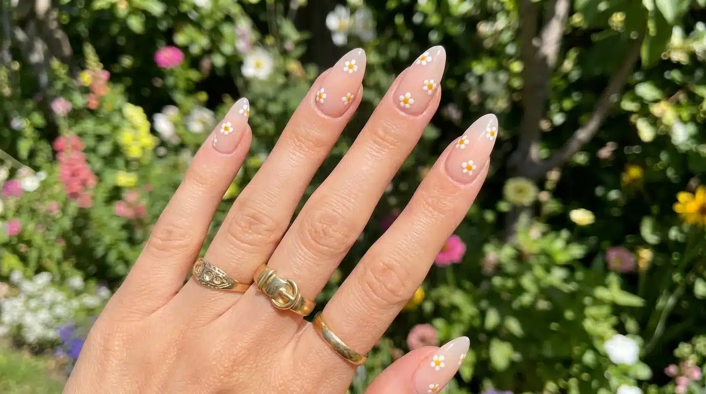 A hand with long nails and a ring, placed on a soft peach surface decorated with white daisies