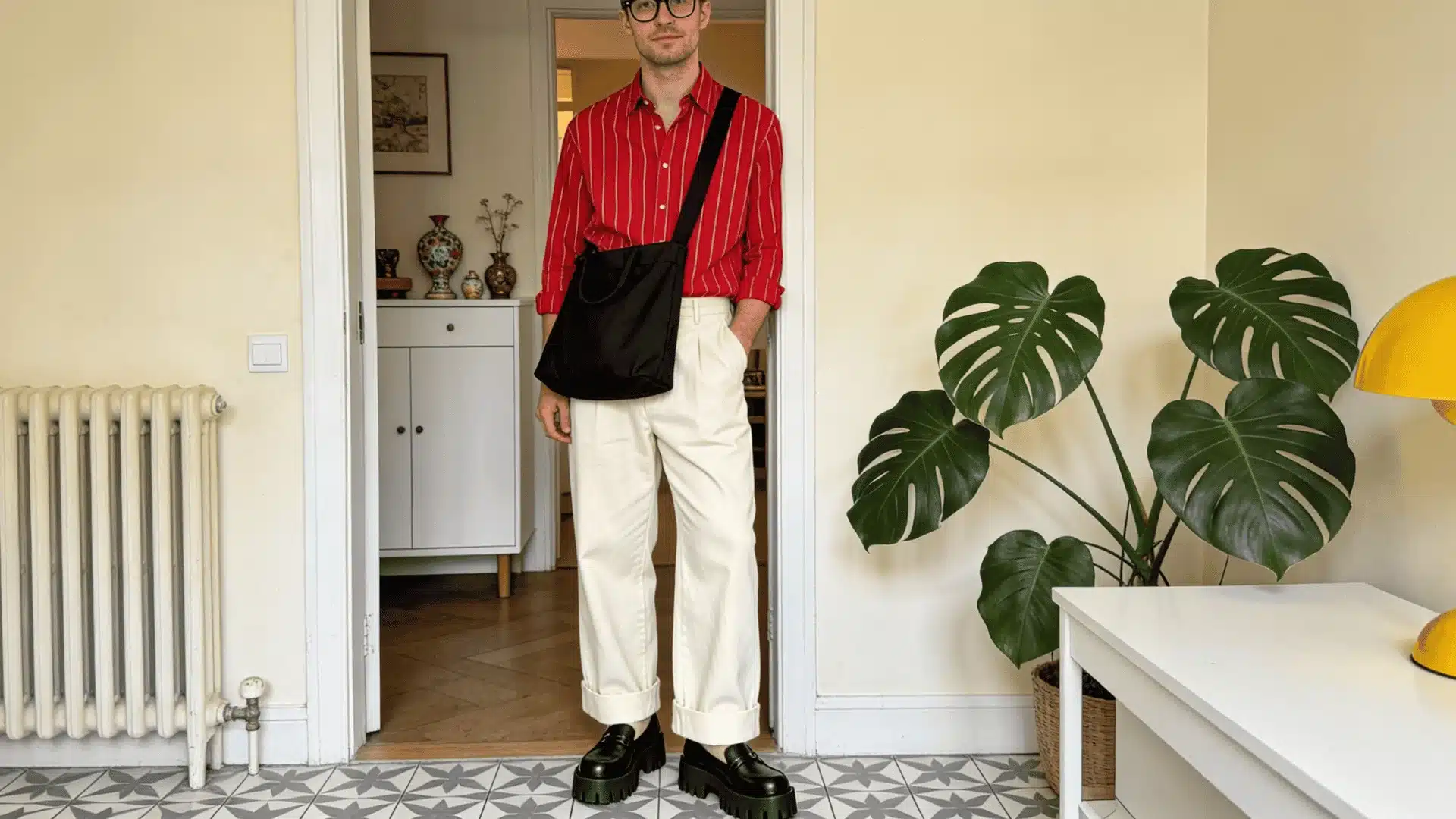 A man dressed in millennial fashion stands beside a plant and a chair in a relaxed atmosphere
