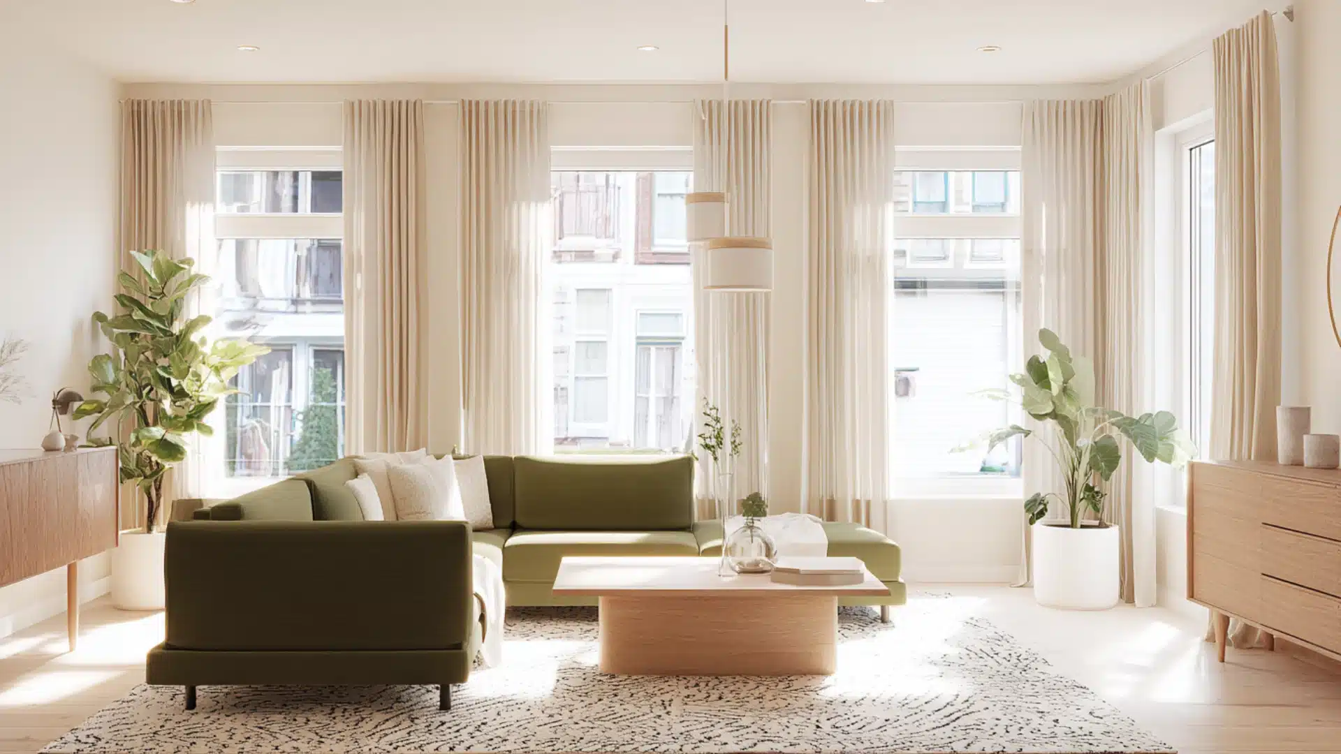 A modern living room featuring an olive green sectional sofa, light wood coffee table, and tall windows with sheer cream walls and curtains
