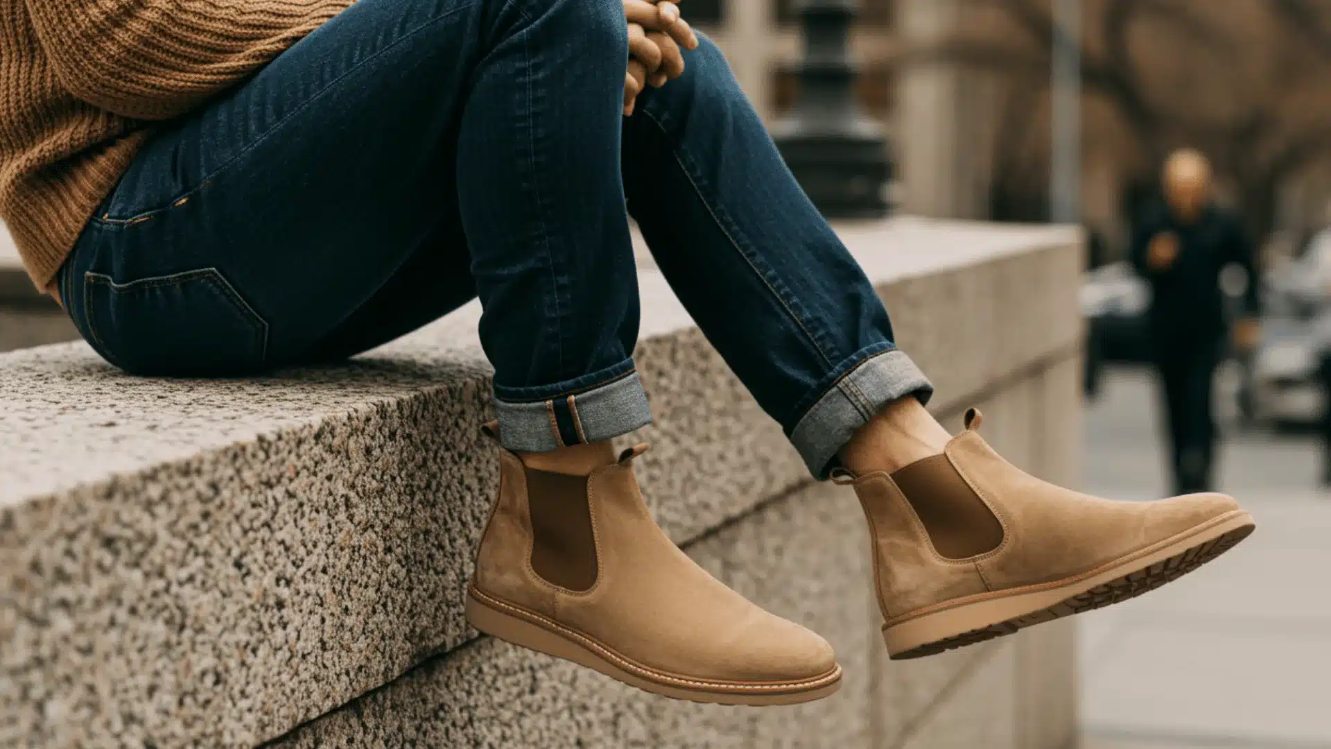 A person sits on a ledge, wearing brown chelsea boots, with a relaxed posture