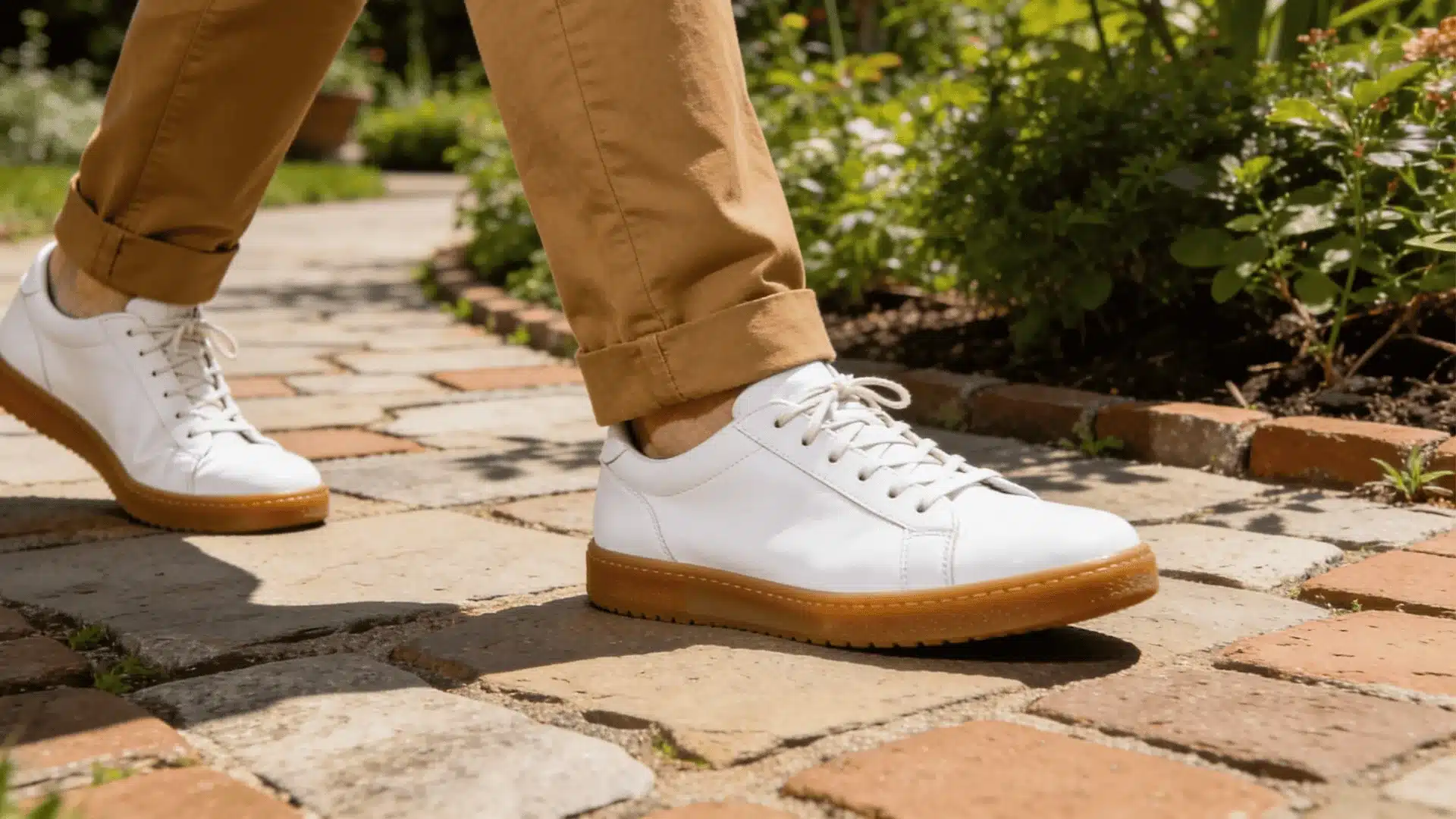 A person wearing cuffed khaki pants and white leather sneakers with gum soles walks along an outdoor garden path made of multicolored brick pavers.