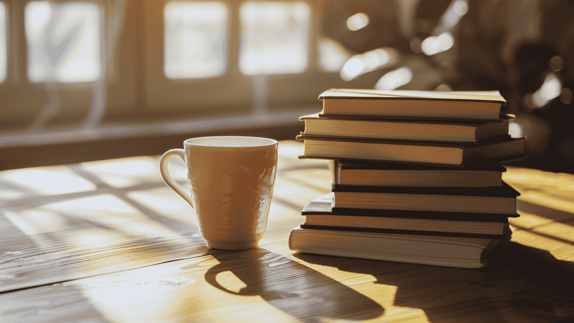 A white mug and a stack of books sit on a sunlit table showing how to organize your life for a calm and focused morning
