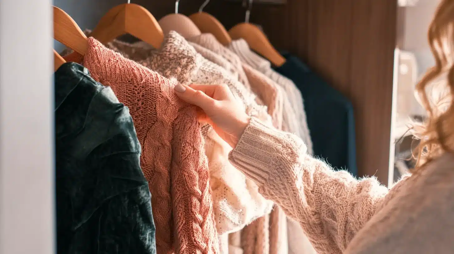 A woman holds a sweater in a simple closet showing a planned wardrobe made of useful and long lasting clothing
