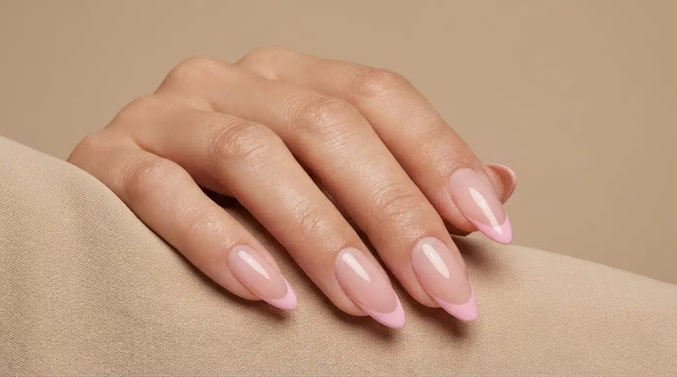 A woman's hand displaying a pink manicure with pink-on-pink neutral French tips
