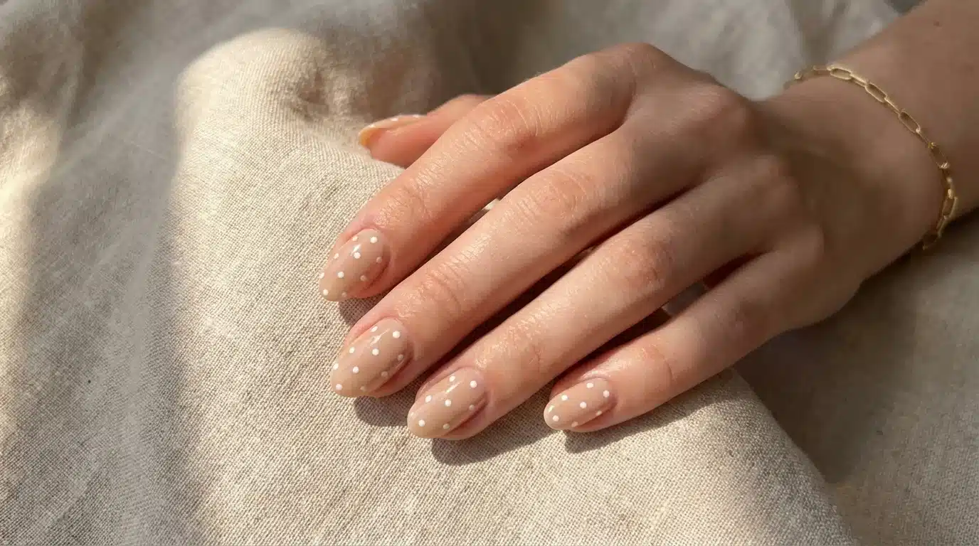 A woman's hand displaying a white polka dot manicure on neutral nails with a glossy finish