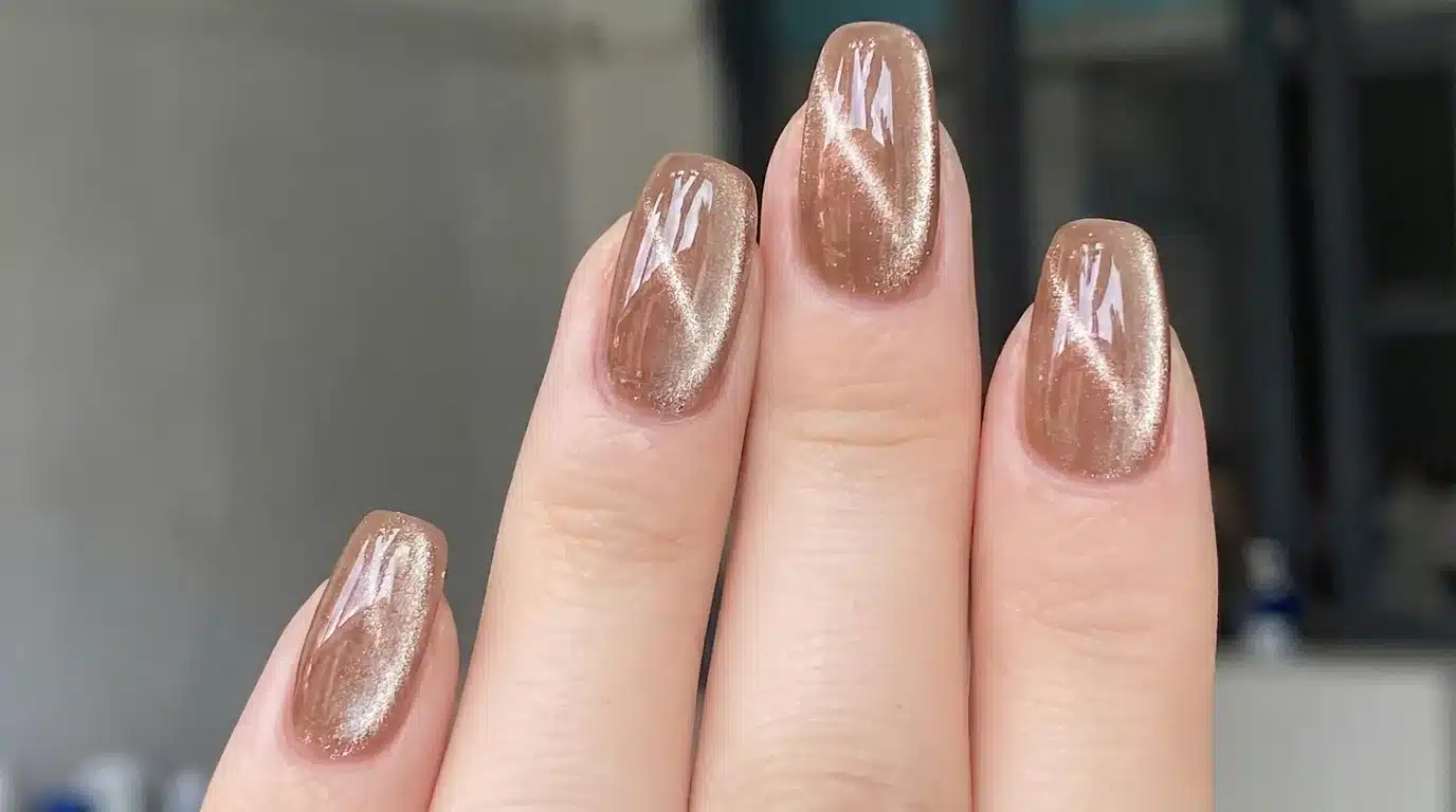 A woman's hand featuring gold nail polish, exemplifying contemporary summer neutral nail design styles