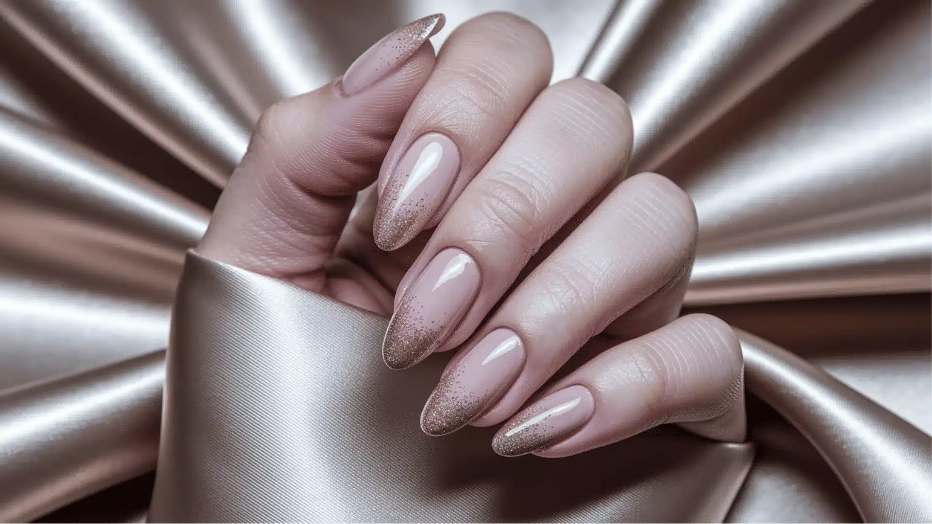 A woman's hand with a gold manicure against a shimmering gold foil background