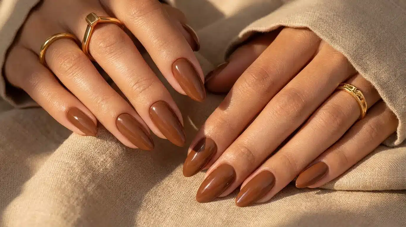A woman's hands with glossy toffee-toned brown nails adorned with gold rings