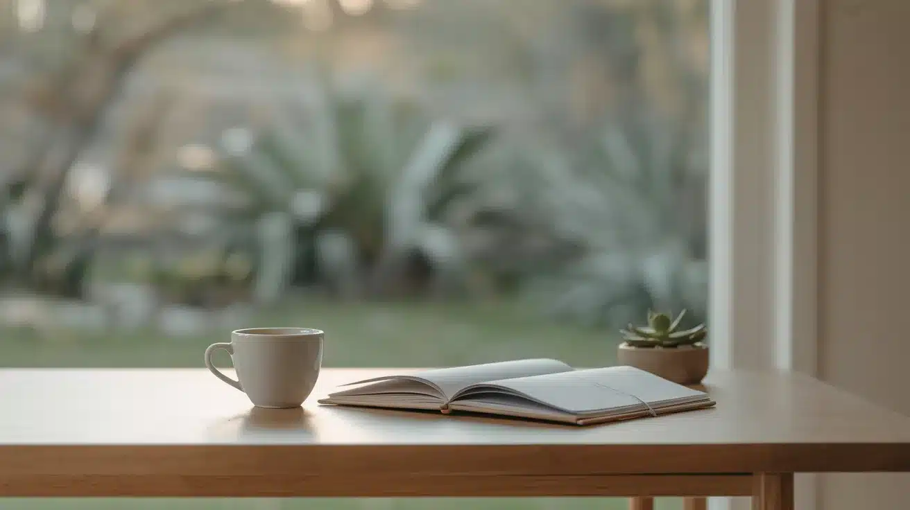 A wooden table with an open note book with a coffee cup surrounded by the greenery